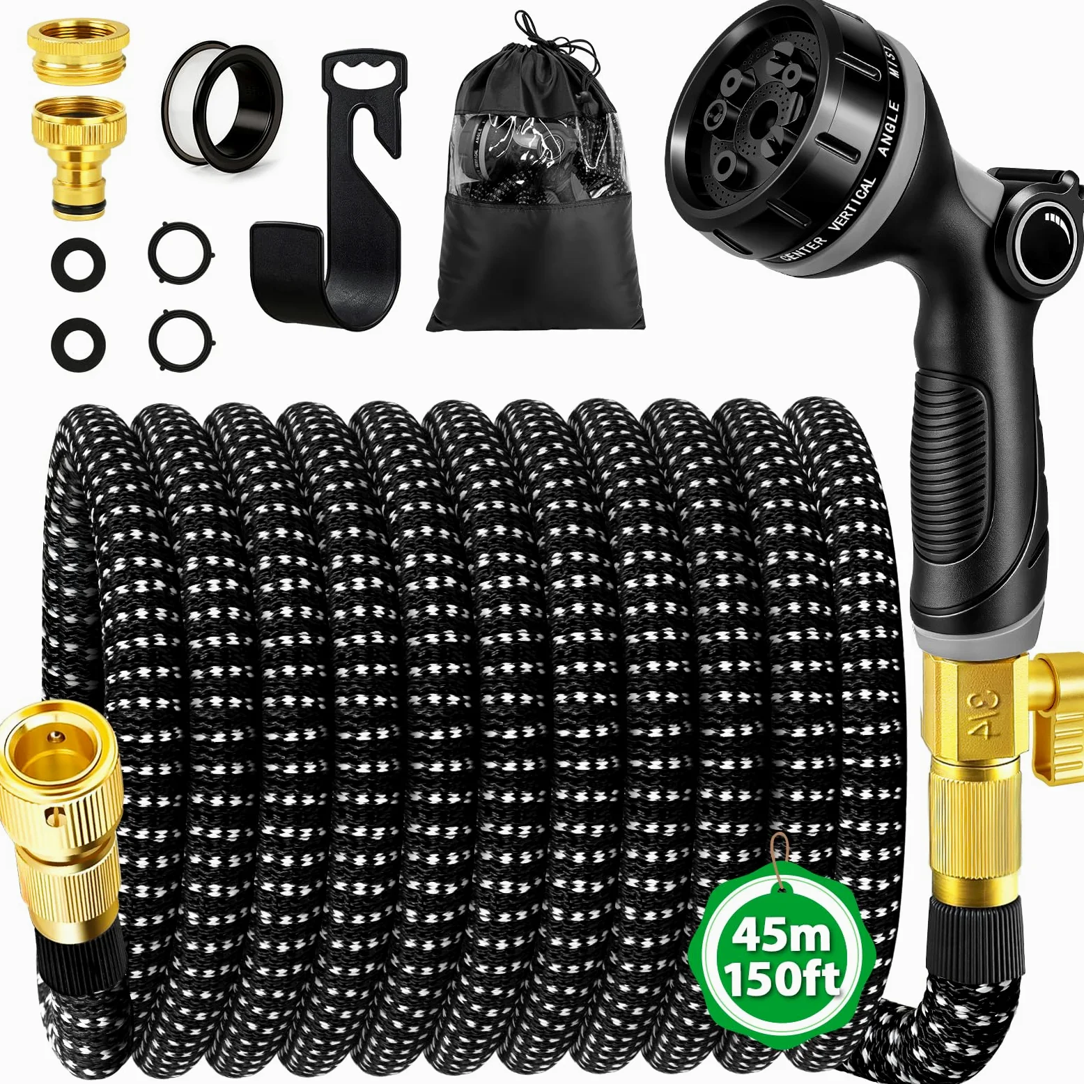 Tuyau Arrosage Extensible 45m, Tuyau d'arrosage Retractable avec 1/2" et 3/4" Adaptateur, Tuyaux d'arrosage avec 10 Modèles de Pulvérisation pour Jardin Irrigation Nettoyage Laver la Voiture