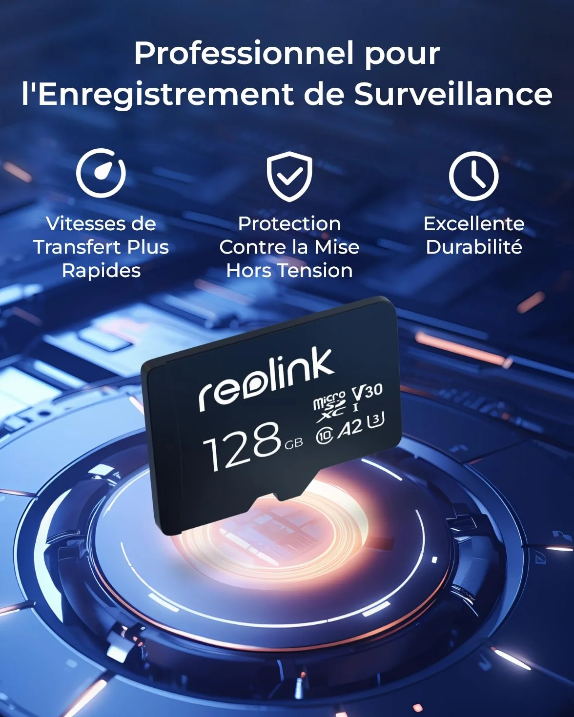 Reolink Carte Mémoire 128Go microSDXC Class 10 A2 U3 TF Compatible Caméra Surveillance