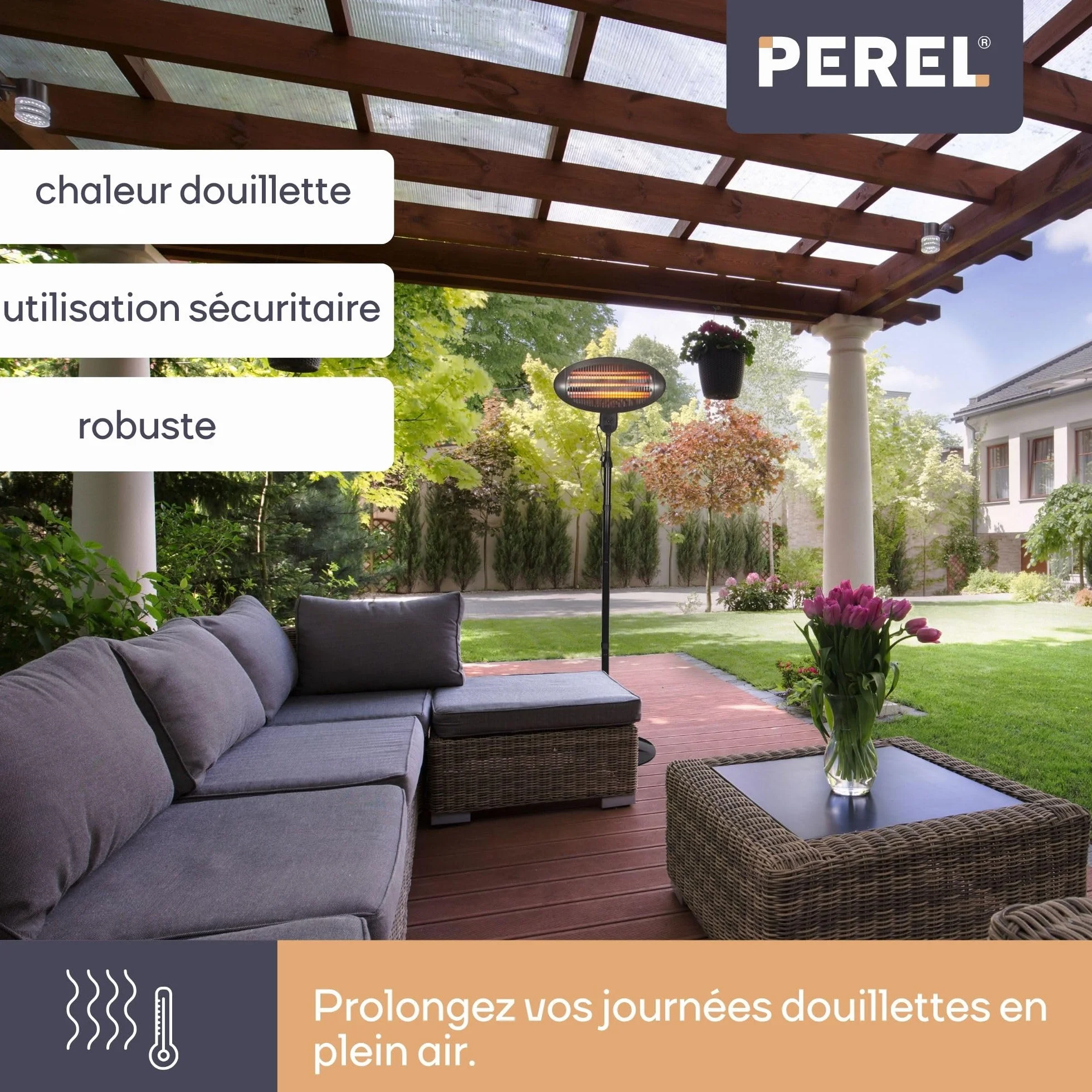 Perel Chauffage de terrasse sur pied 2000 W Quartz Protection anti-basculement 3 niveaux Résistant aux projections d'eau Métal Noir