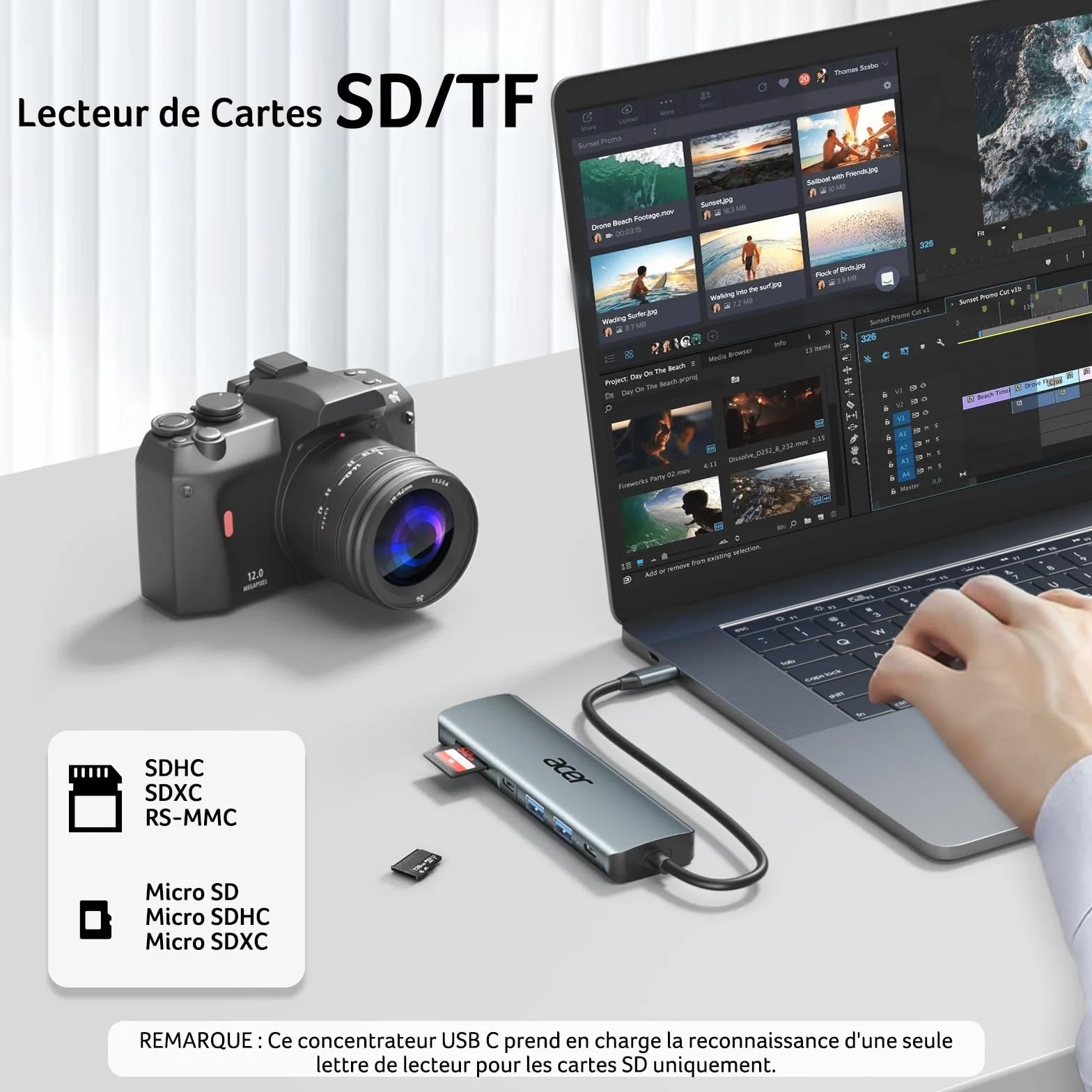 Acer Adaptateur USB C vers HDMI 4K PD 100W Lecteur de Carte SD TF 2 USB 3.0 USB C 5Gbps