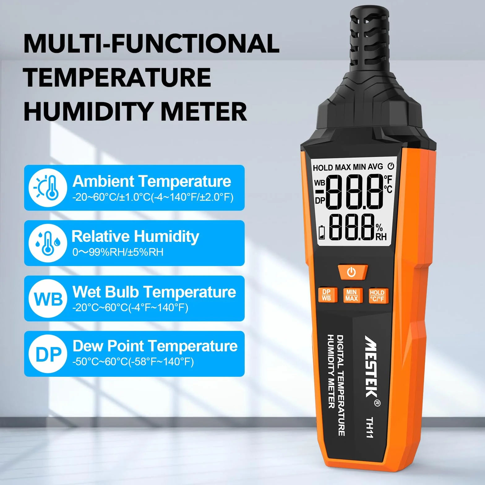 Hygromètre Thermomètre 4-en-1 MESTEK, Hygromètre Numérique Thermomètre Intérieur/Extérieur, Température du point de rosée et bulbe humide, Portable à Main, Pour Chambre Bureau Expédition de Camping