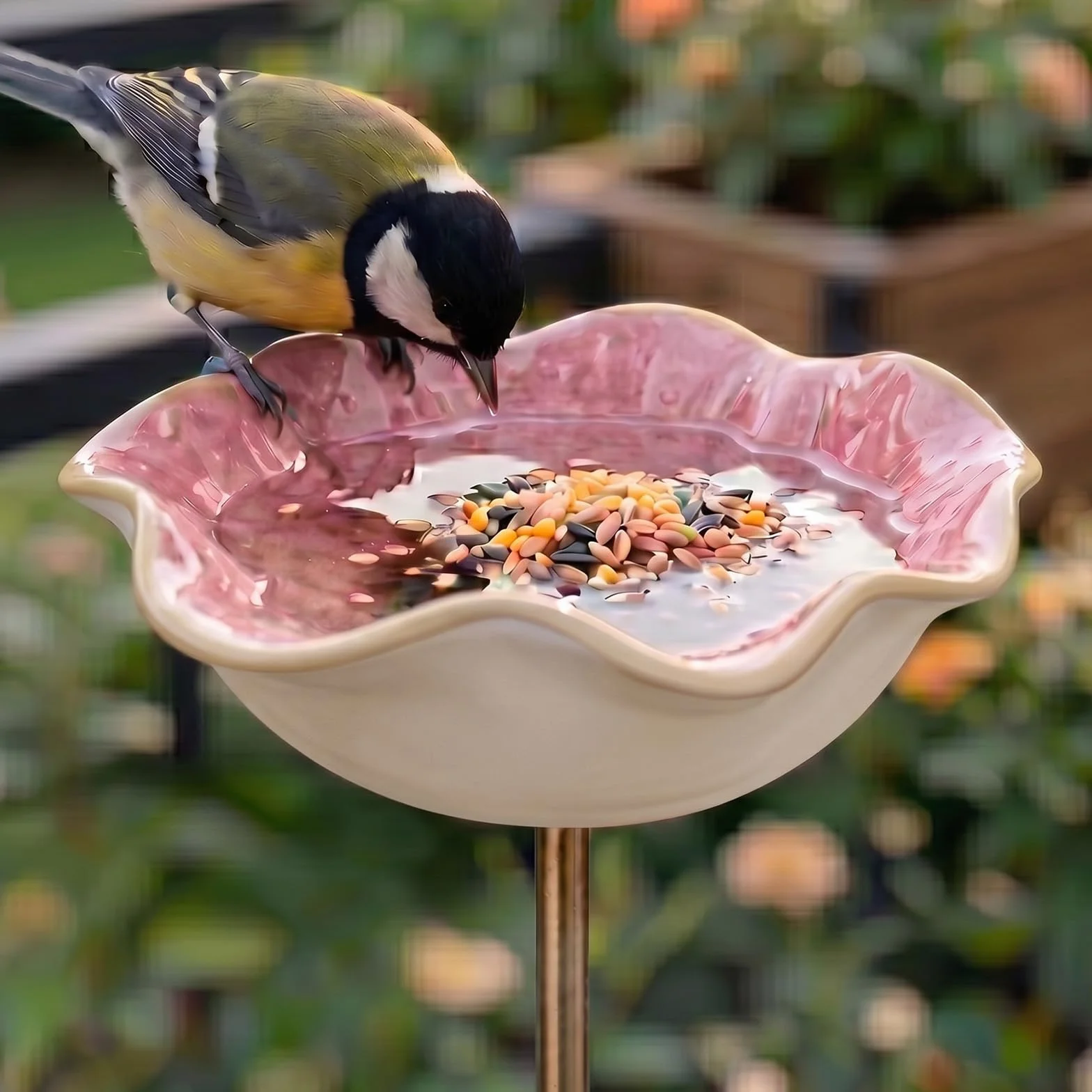 Bain d'Oiseaux Exterieur sur Pied Artisanal Fleur Ceramique 2 en 1 Abreuvoir Abeilles Mangeoire Oiseaux Jardin Rose