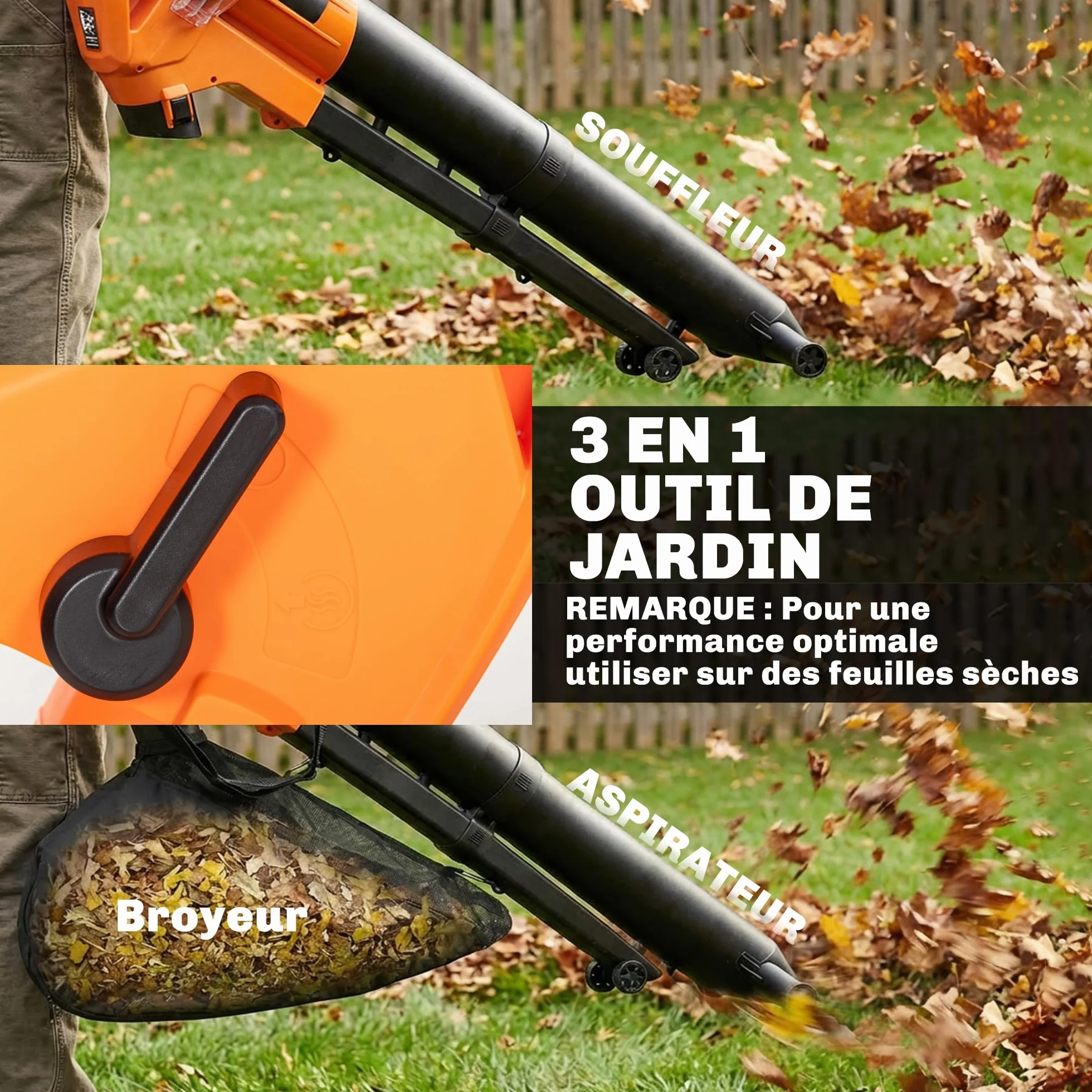 Outsunny Aspirateur-Souffleur de Feuilles Filaire 3000W 3-en-1 avec Fonction Broyage, Sac 40L