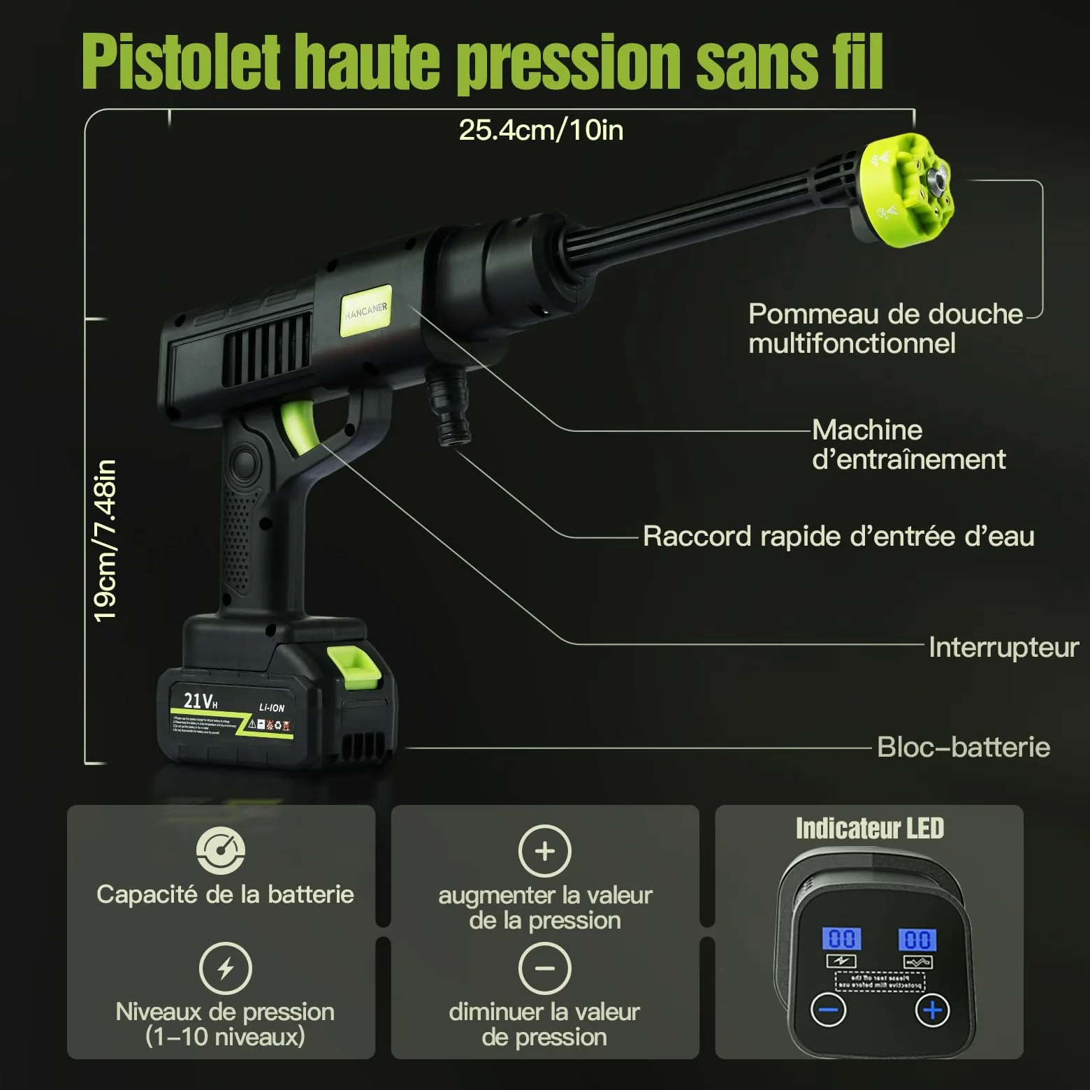 Hancaner Nettoyeur Haute Pression à Batterie, 35 Bar, écran LED, avec 6 en 1 Multi-buse de pulvérisation, 2 * 3.0 Ah Batterie et Chargeur 5M Tuyau pour Voiture, Maison, pelouse, Jardin, clôture