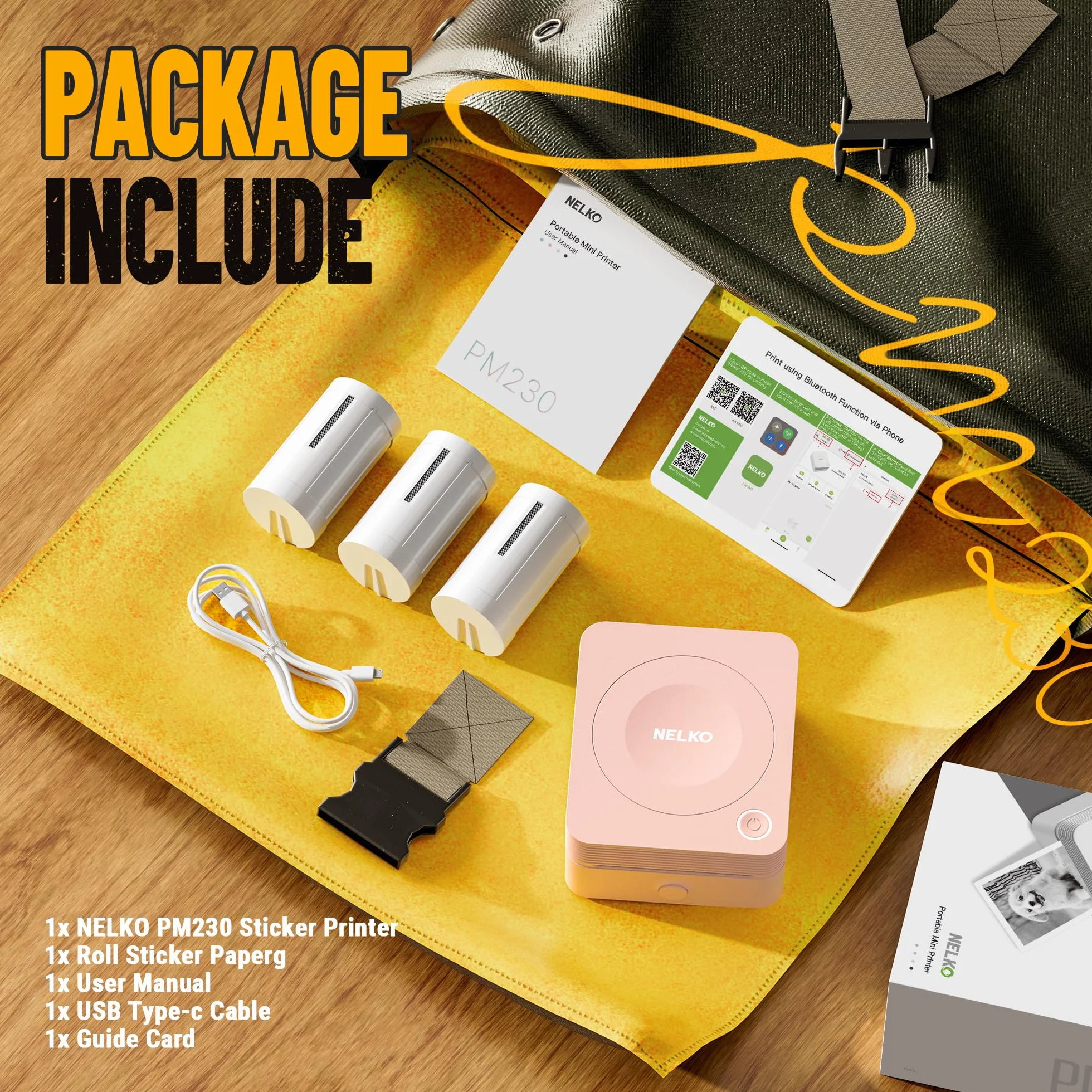 Nelko PM230 Mini Imprimante Thermique Portable avec 3 Rouleaux Papier, Rose