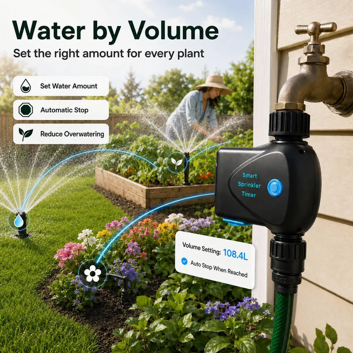 Programmateur d'Arrosage WiFi avec Compteur d'eau Intégré, Minuterie d'Arrosage Connectée sans Hub, Contrôle par App 2,4 GHz, Arrosage par Volume, Programmation, IP65 pour Jardin Pelouse Serre