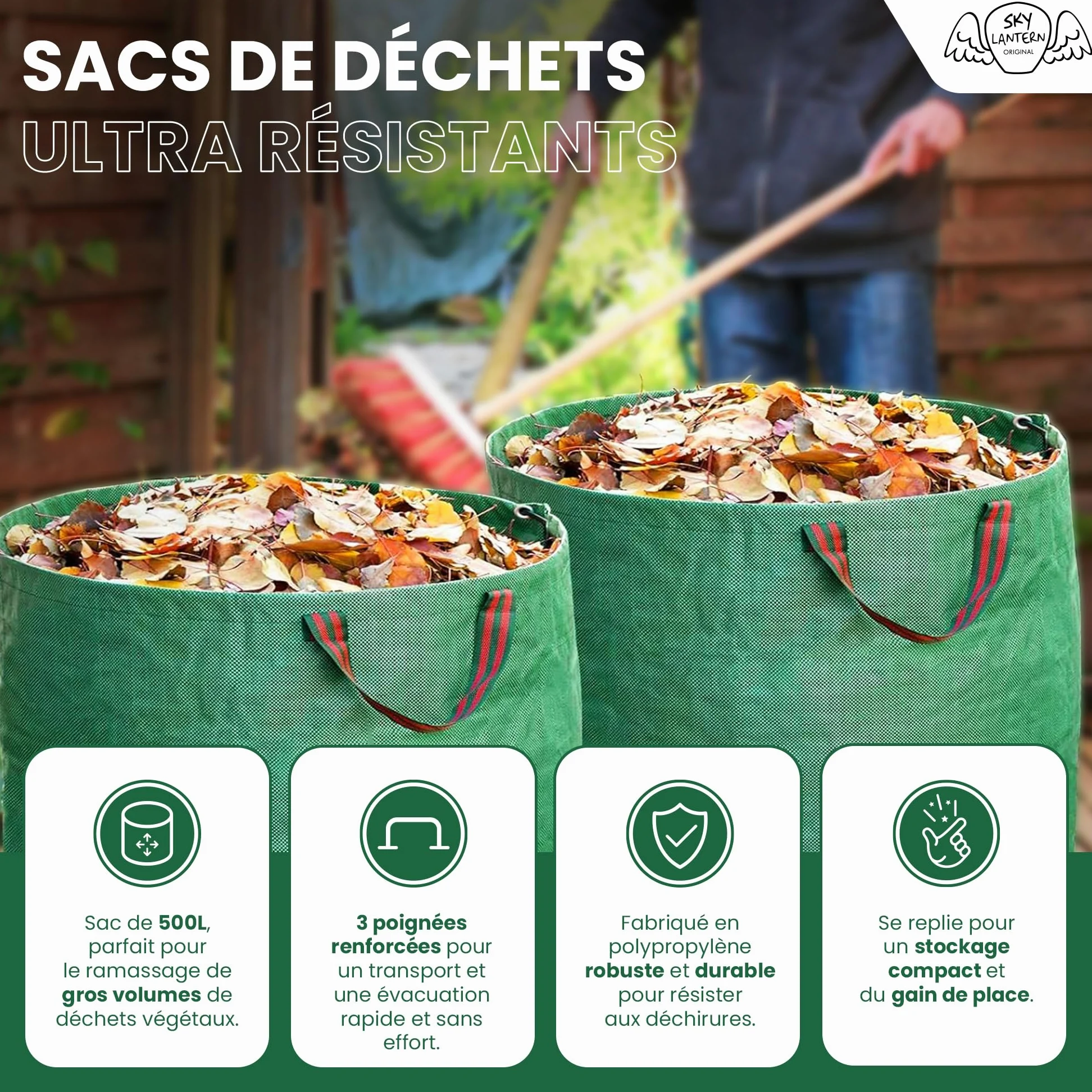 SKYLANTERN Lot de 3 * 500L Sacs de Déchets Jardin Résistants en Polypropylène – Sacs Poubelle Extérieurs avec 3 Poignées Renforcées pour Déchets Végétaux – Utile pour Déchets et Recyclage