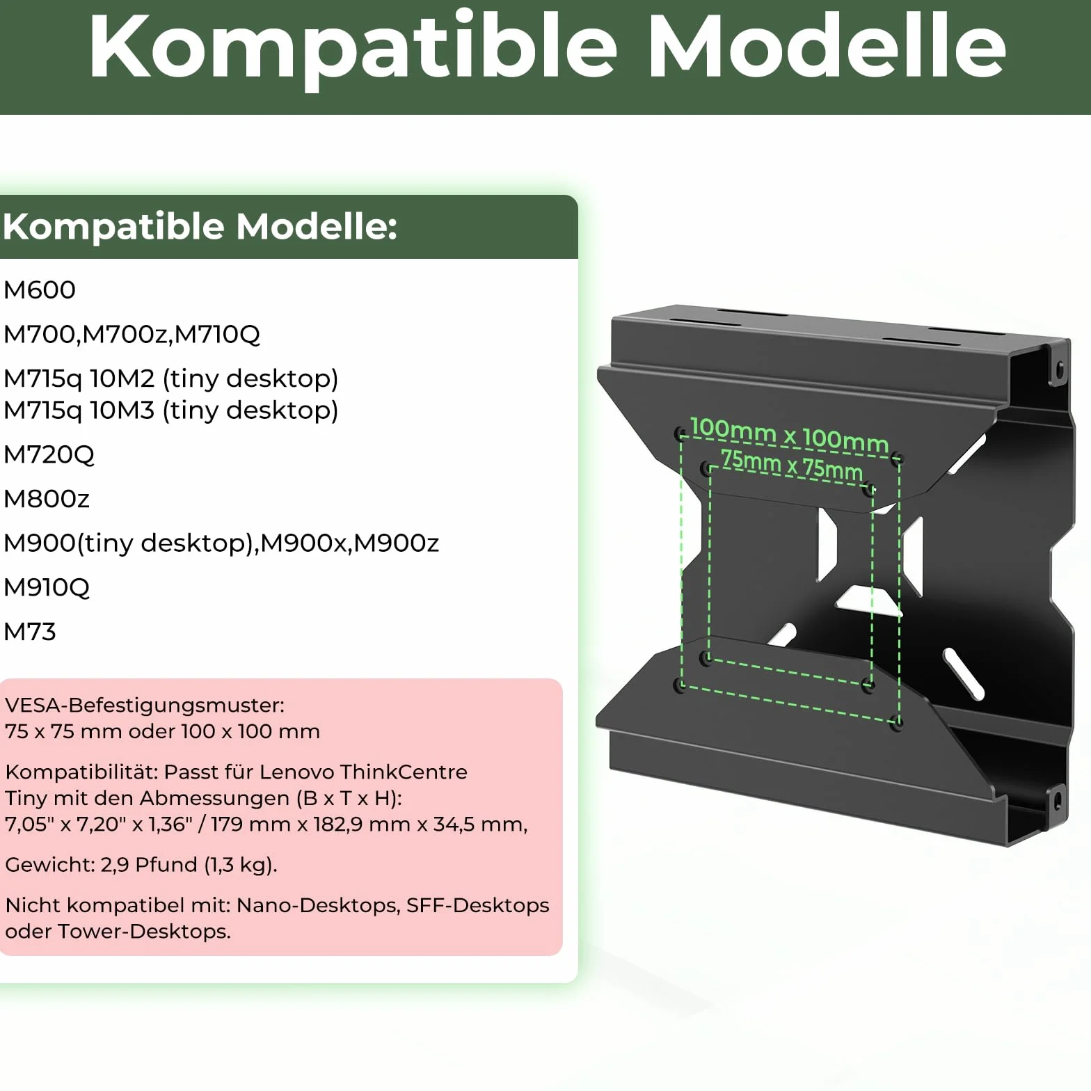 Support PC mural VESA Lenovo ThinkCentre M600 M700 M710Q M715q M720Q M73 M800z M900 M910Q 75x75 100x100