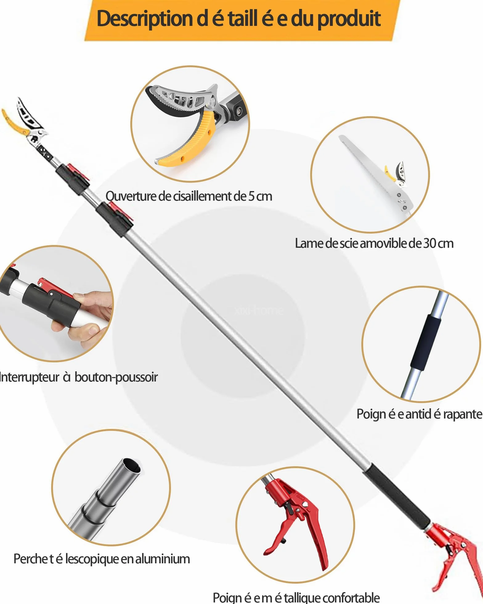 Sécateur Télescopique Sécateur de Jardin Télescopique Extensible Multifonction 1.4 à 3 m pour travailler sur de longues distances lame de scie la cueillette de fruits-2 têtes de couteau