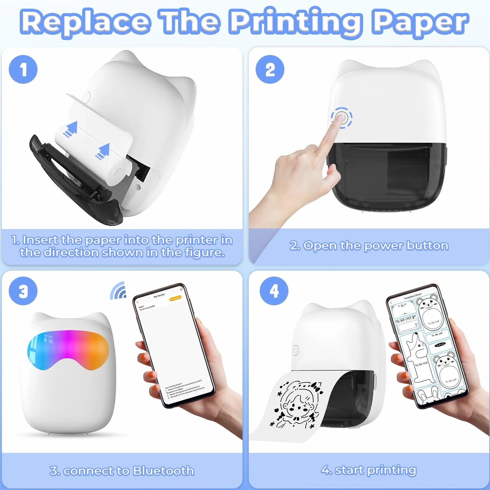 Mini Imprimante Portable Thermique sans Fil Bluetooth avec 14 Rouleaux de Papier pour iOS Android Notes Photos Journal