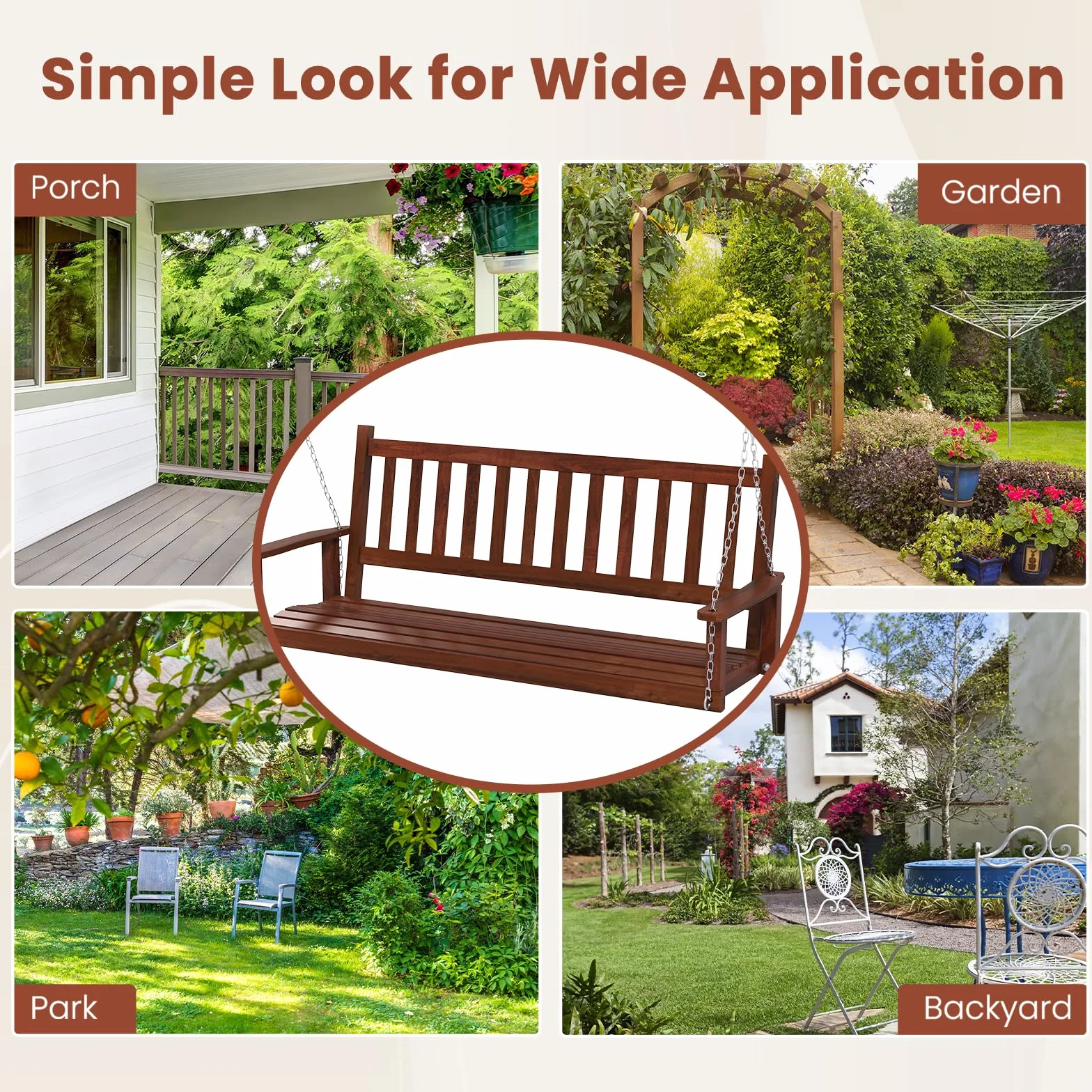 KOMFOTTEU Banc Suspendu 2-3 Places Balançoire Jardin Bois Massif Fauteuil Suspendu Charge 230/360 kg 168x65x63 cm Marron