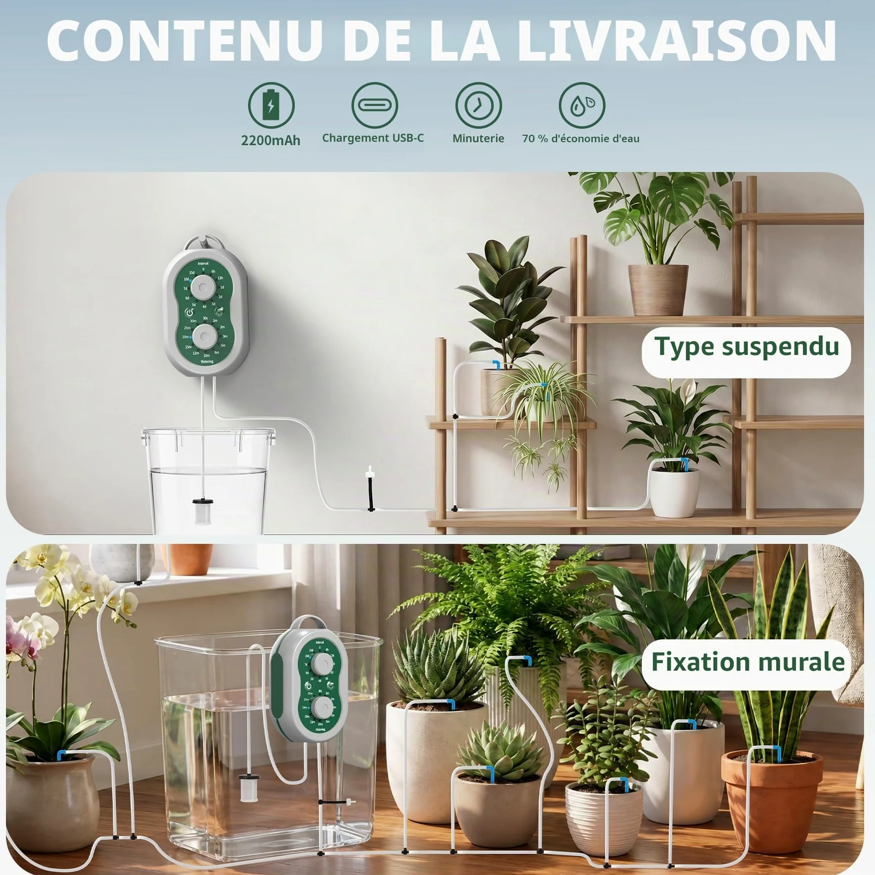 Système d'Arrosage Automatique Interieur Rechargeable Kit Arrosage Goutte à Goutte pour 15 Plantes en Pot Système d'Irrigation d'Intérieur pour Interieur, Balcons, Serre, Jardin