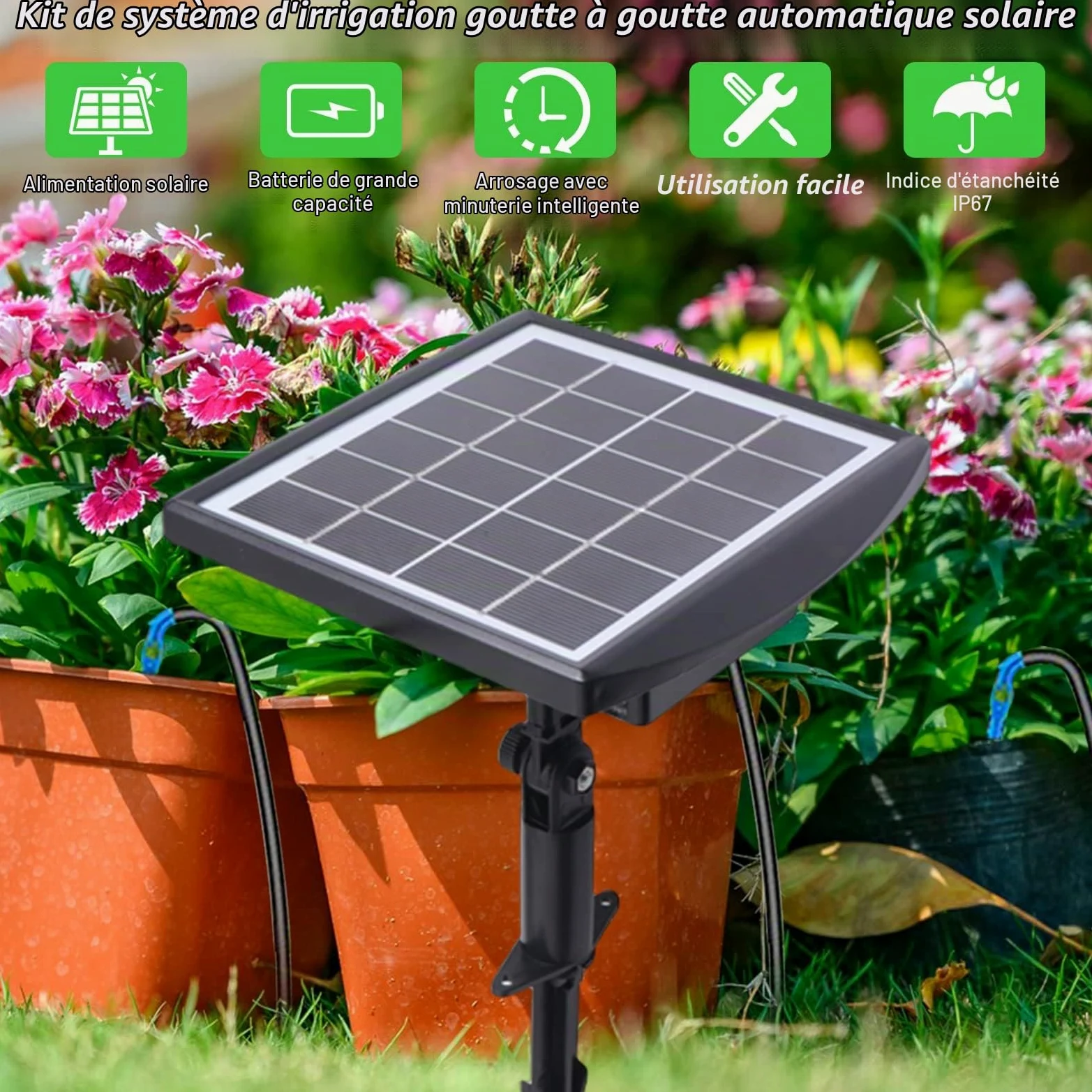arrosage automatique solaire avec 12 modes de minuterie et protection contre le manque d'eau, tuyau de 20 m et 20 têtes d'égouttement pour jardin, plantes de balcon, plantes en pot en plein