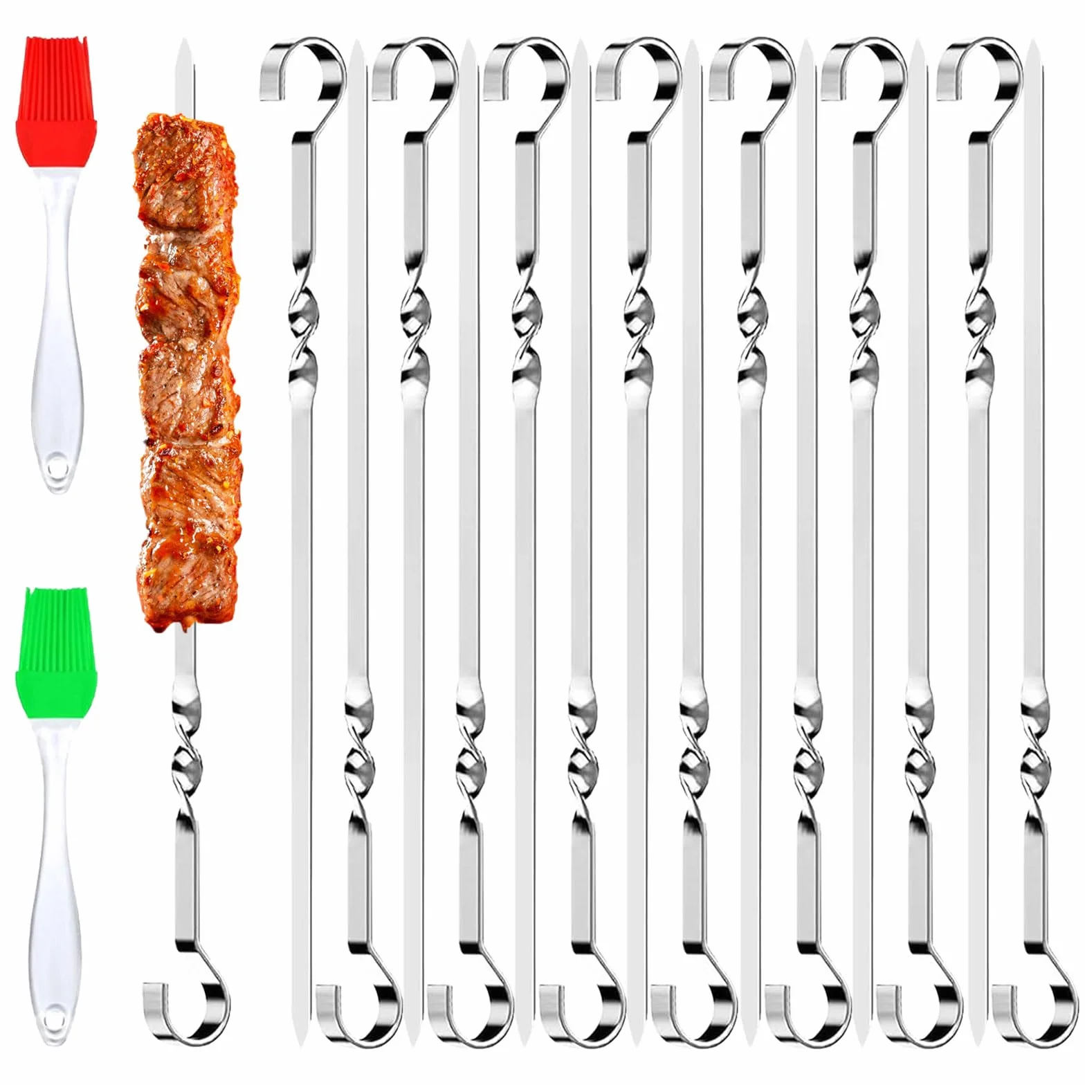 Brochettes en Acier Inoxydable 24 Pièces avec Pinceaux Réutilisables pour Barbecue Viande Légumes