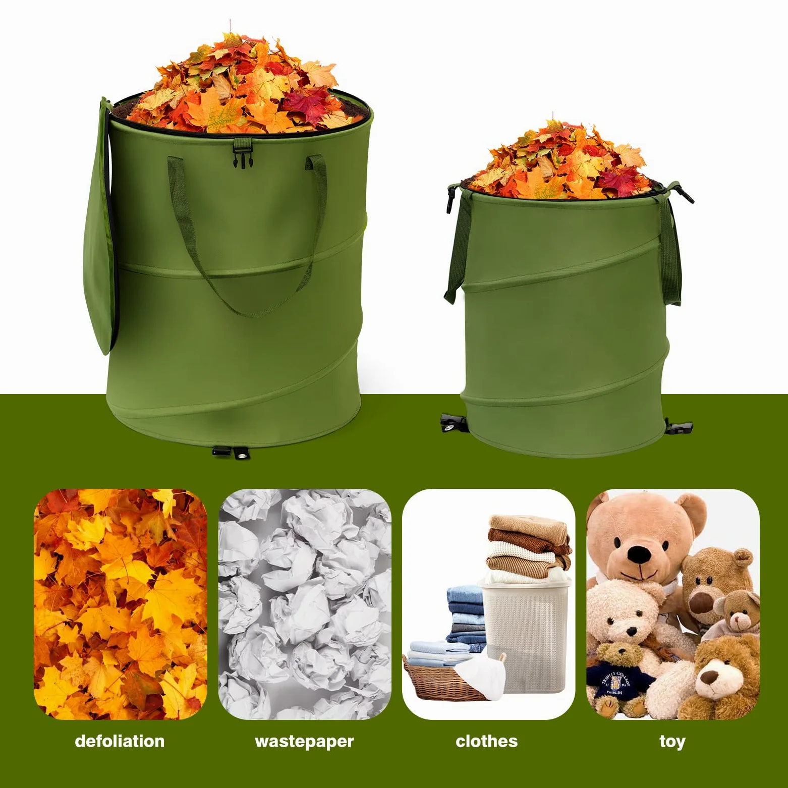 Lot de 2 sacs de jardin réutilisables pour pelouse et feuilles, pliables/dépliables, 45,7 x 55,9 cm et poubelle de recyclage avec couvercle pour rangement de la maison, du linge, du camping,