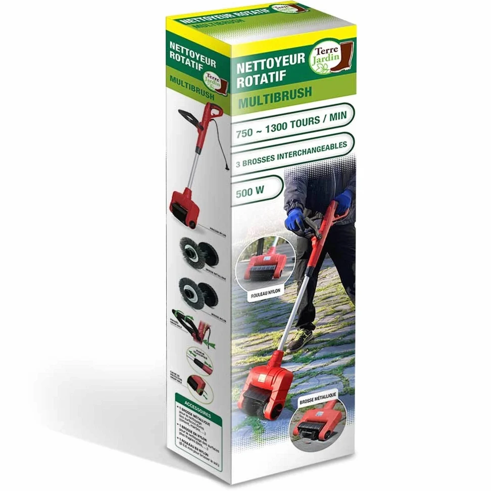 TERRE JARDIN Nettoyeur Électrique 500W - Brosse Rotative 3 en 1 pour Terrasse, Dalles et Joints - Désherbeur Électrique Polyvalent avec 3 Brosses Interchangeables