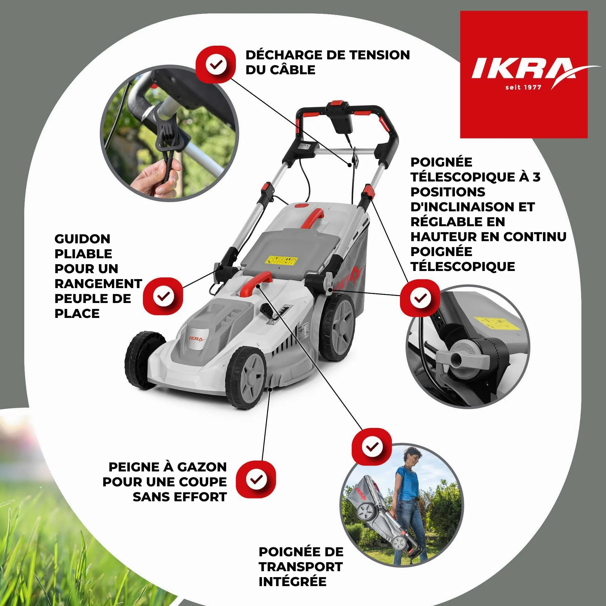 IKRA Tondeuse à Gazon électrique IERM 2043 T, 2000W, Largeur de Coupe 43 cm | Poignée réglable en hauteur sur 3 positions, hauteur de coupe réglable (30-75 mm), sac de 50 l et kit de mulching inclus