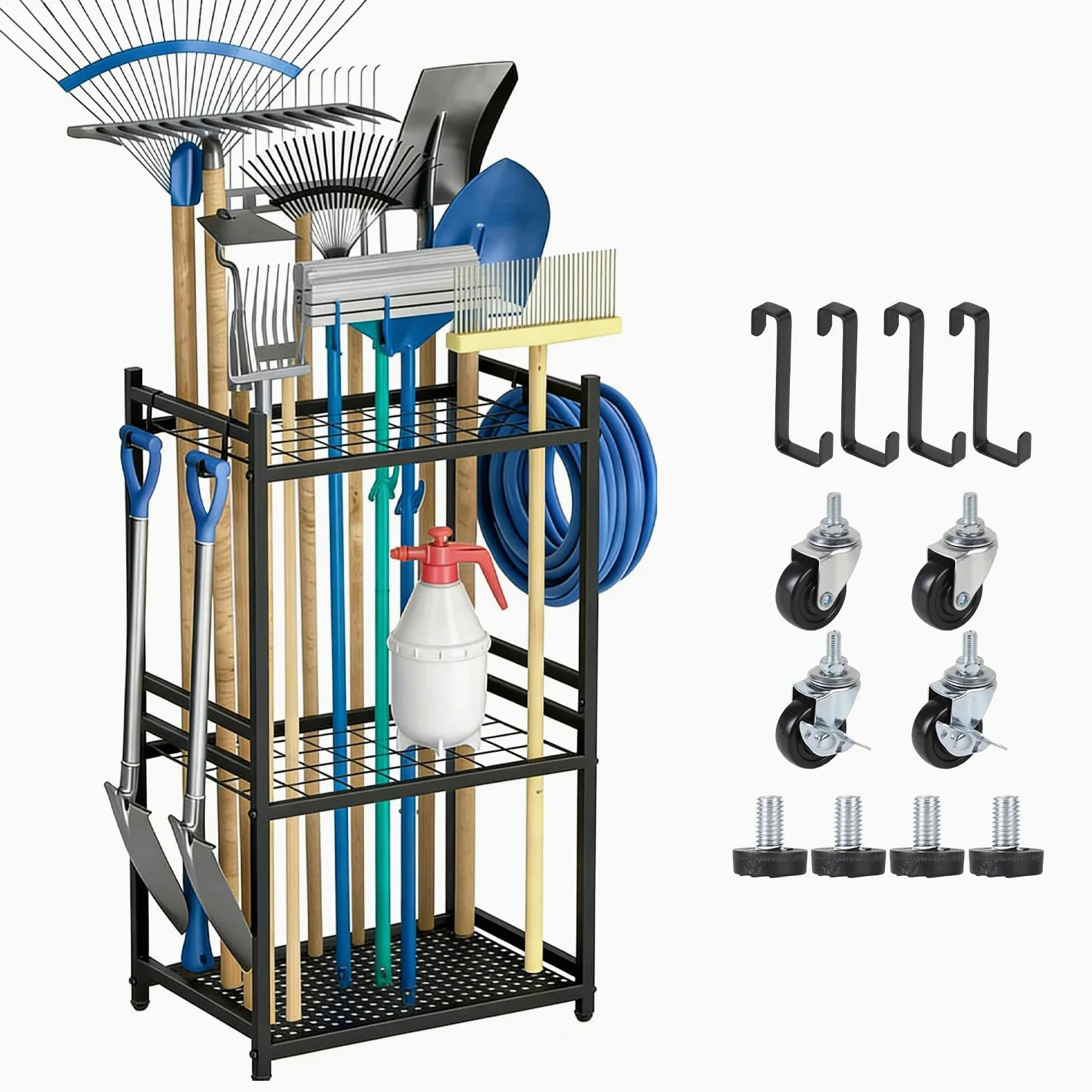 efuturetime Organisateur d'Outils de Jardin 35 Emplacements, 80 × 43 × 30cm | Support Rangement en métal, 3 Niveaux avec roulettes pour Garage Pelouse Abri