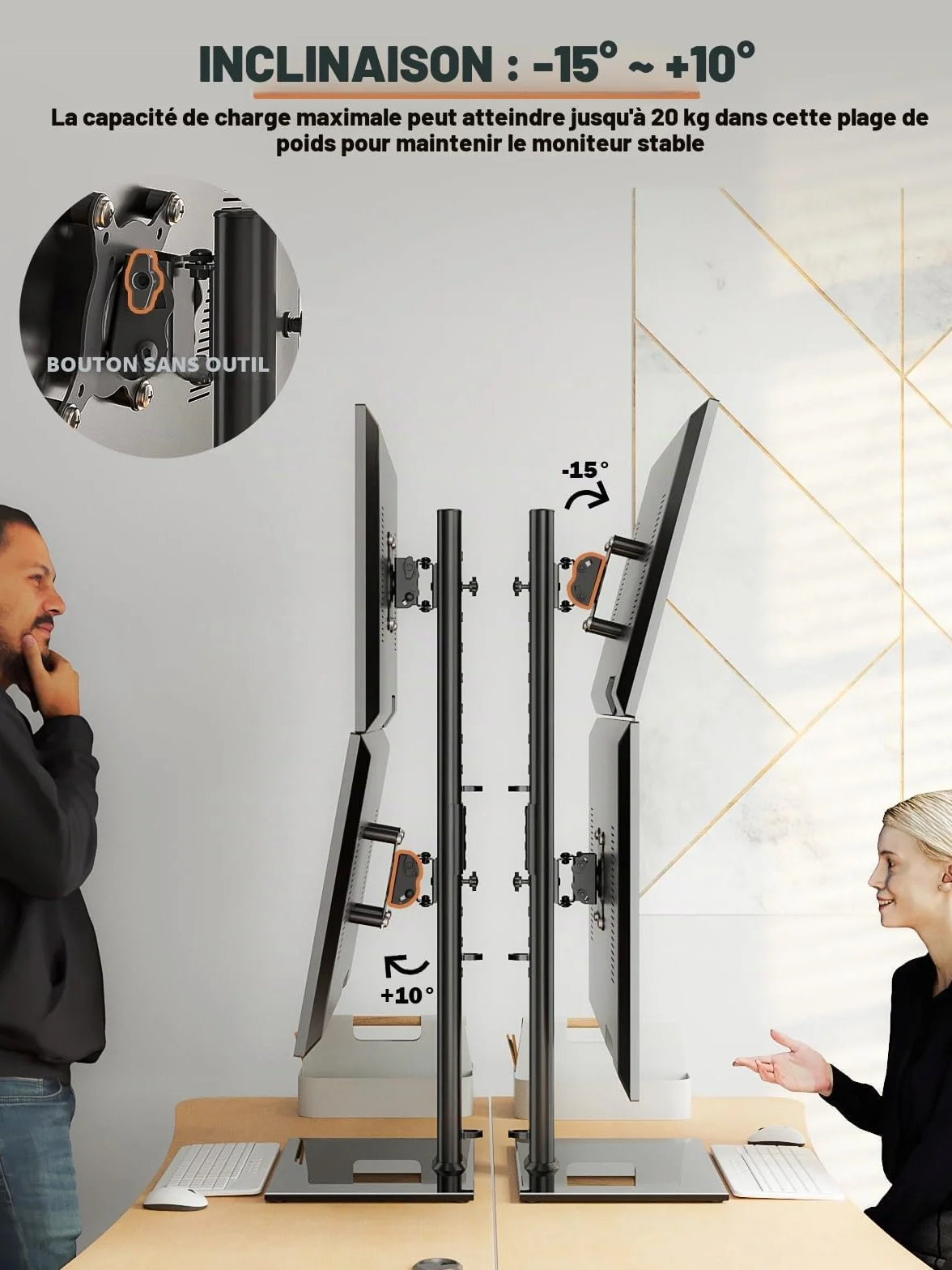Support de Moniteur Double Vertical pour Deux écrans 13-34 Pouces, Pivotement, Inclinaison, Hauteur réglable, 44Lbs
