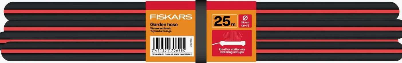 Fiskars Tuyau d'Arrosage M-L, Solid, Tuyau pour Système d'Irrigation, 19 mm (3/4"), Longueur : 25 m, Raccord Universel, Protégé contre les UV, Résistant au Gel, Résistant à la Torsion, Rouge, 1076062