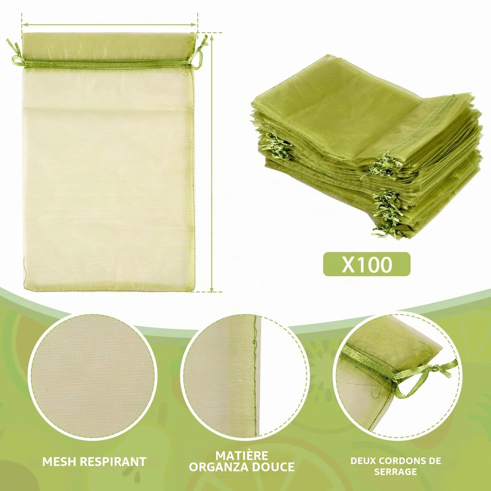 Sacs de protection pour raisins avec cordon de serrage 100 pièces - Réutilisables et respirants pour fruits (23 x 17 cm)