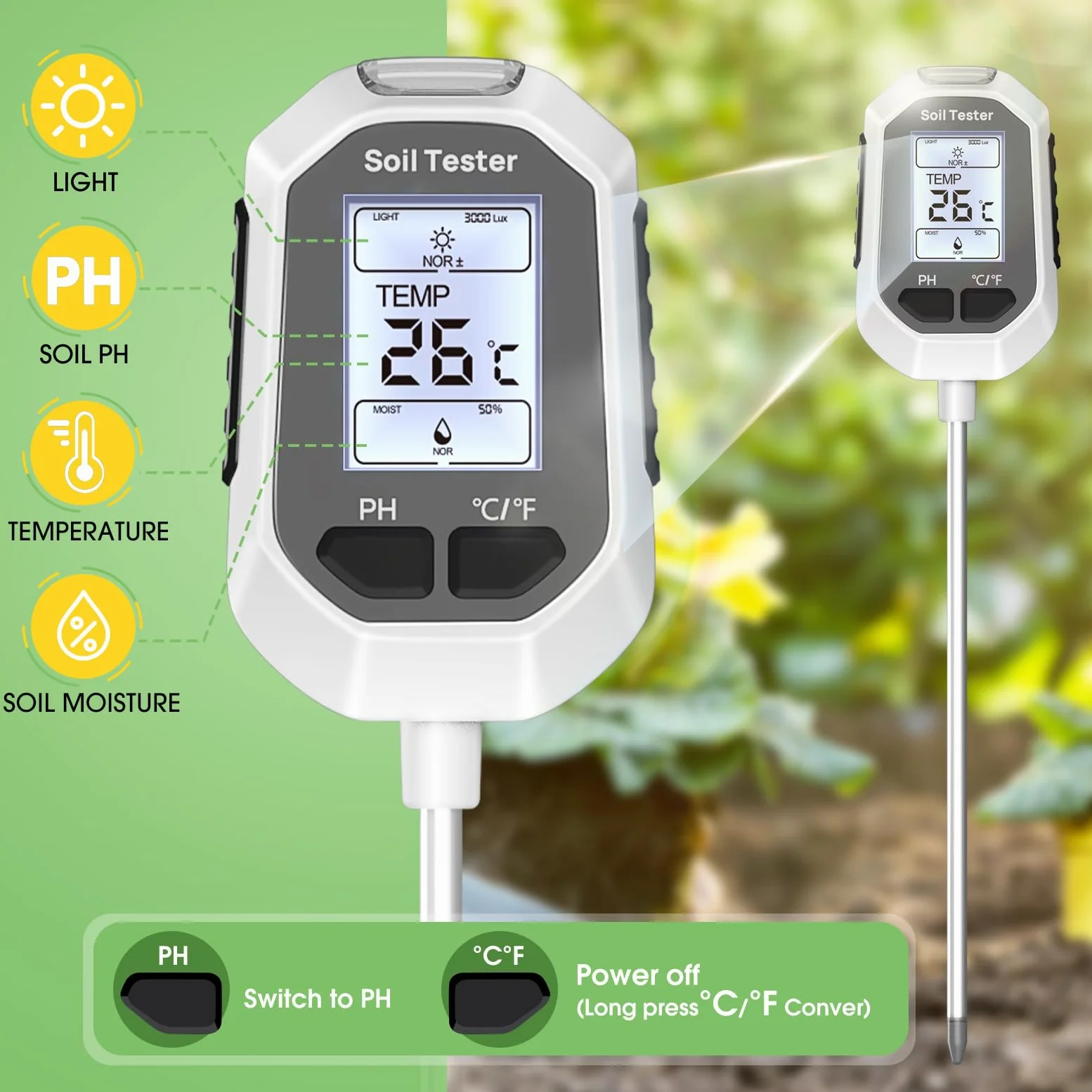 YAMRON Humidimètre 4 en 1 pour plantes, température numérique du sol, humidité du sol, pH, intensité de la lumière du soleil, affichage LCD, testeur de sol pour