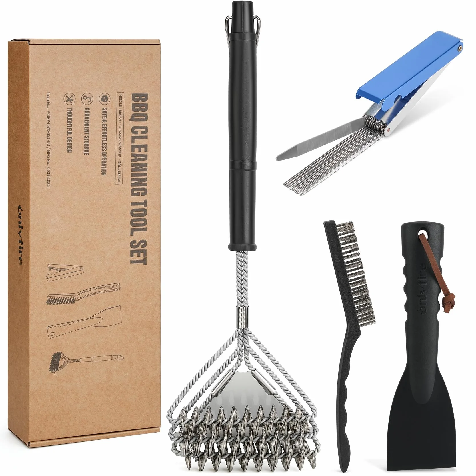 Onlyfire Kit de Nettoyage Barbecue INOX - 2 Brosses, 1 Grattoir, 13 Tiges pour BBQ Gaz, Charbon, Plancha