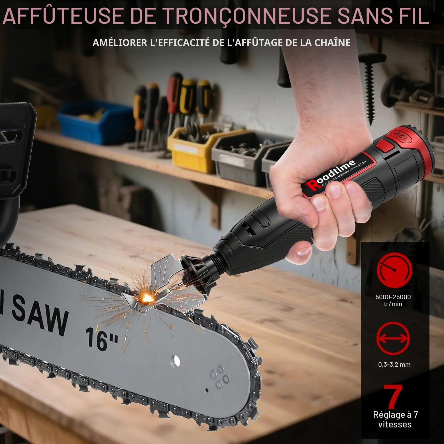 Kit affûtage électrique pour tronçonneuse avec batterie 1300 mAh | Affûteur de tronçonneuse sans fil, 9 têtes, tête brosse alliage, guide d'angle, Mini meuleuse électrique portable