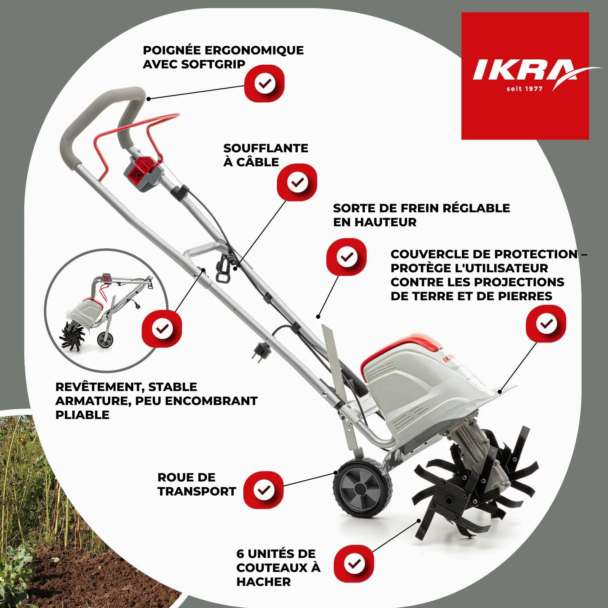 IKRA motoculteur électrique FEM 1500, 17, 30 et 45 cm, avec sarcloir Manuel | 1500 W, profondeur de travail 23 cm, patin de frein, roue de transport, pliable, protection contre les surcharges