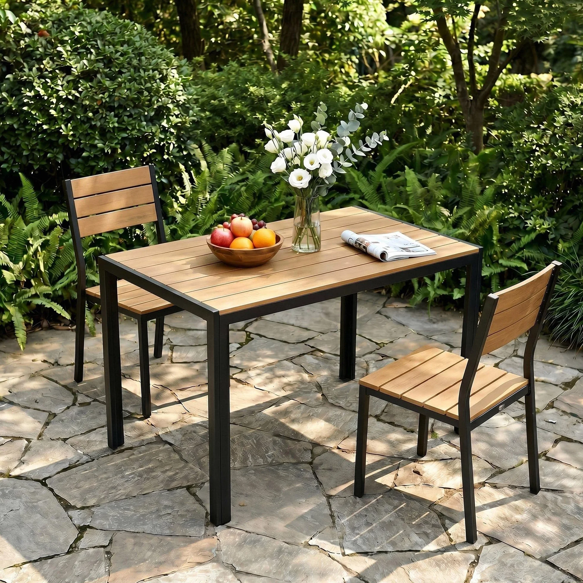 LIFERUN Table de Jardin 110x70 cm WPC pour 4-6 Personnes avec Cadre en Aluminium Brun Teck