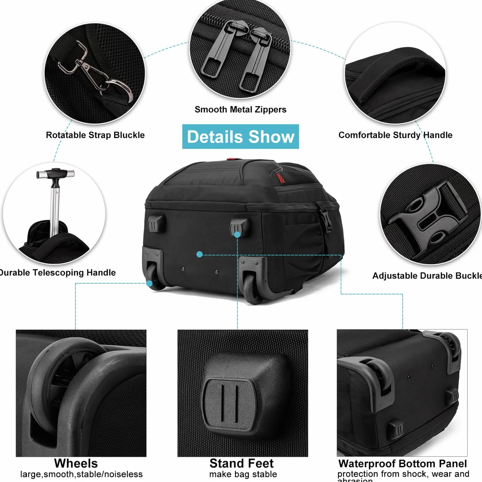 Sac à Dos à Roulette 18,4" Ordinateur Portable Trolley Voyage Grand Volume Antivol Résistant à l'eau Homme Femme Noir