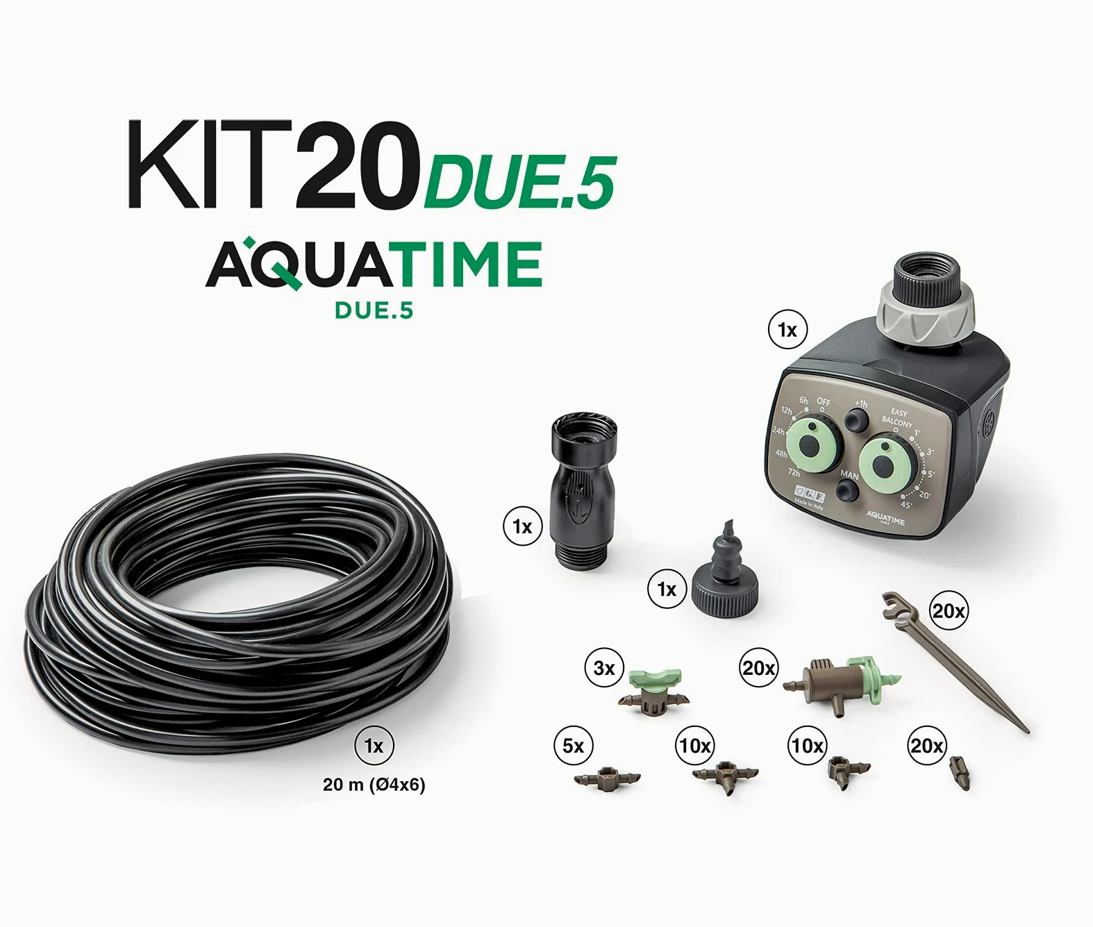G.F. SRL, KIT 20 DUE.5 RECO en PLASTIQUE RECYCLÉ, Noir, pour l’arrosage goutte à goutte, 20 m, avec programmateur, Made in Italy