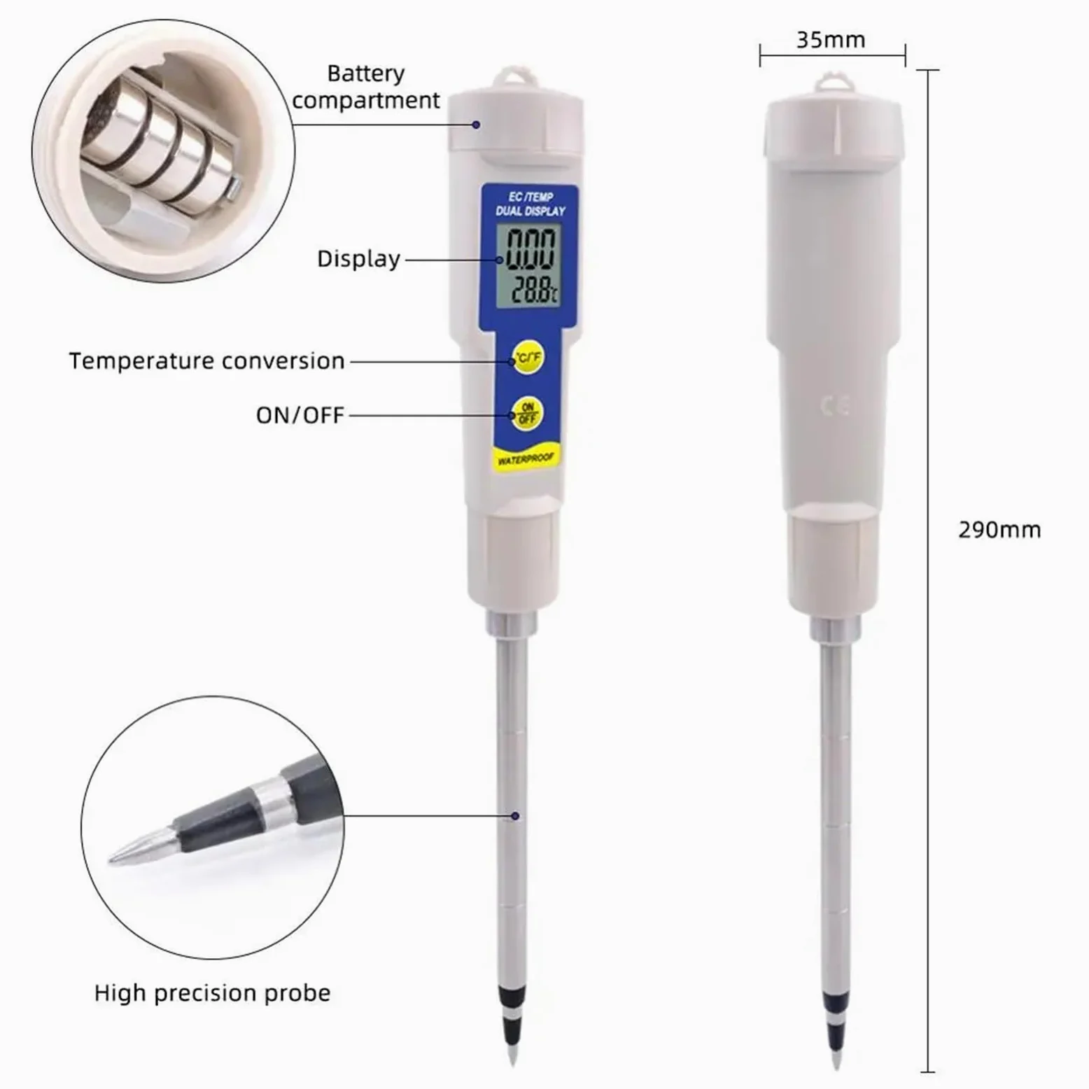Compteur de Sol 2 en 1, testeur conductivité température EC, Test Liquide nutriments, étanche for la Plantation, Le Jardinage, Culture hydroponique intérieur Jardinage, Agriculture