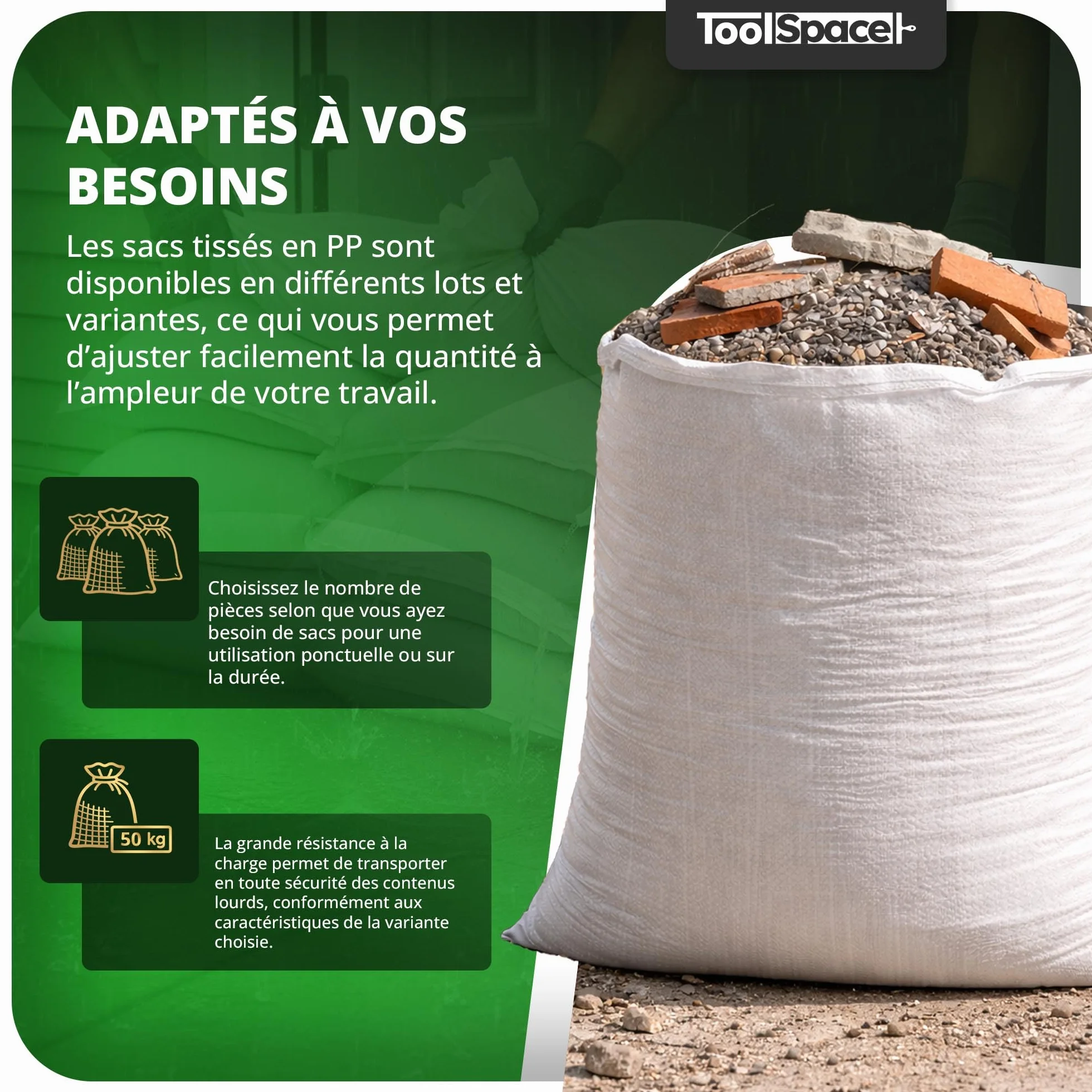 ToolSpace Sac à Gravats PP Tissé 65×105 cm Polypropylène 50 kg Réutilisable