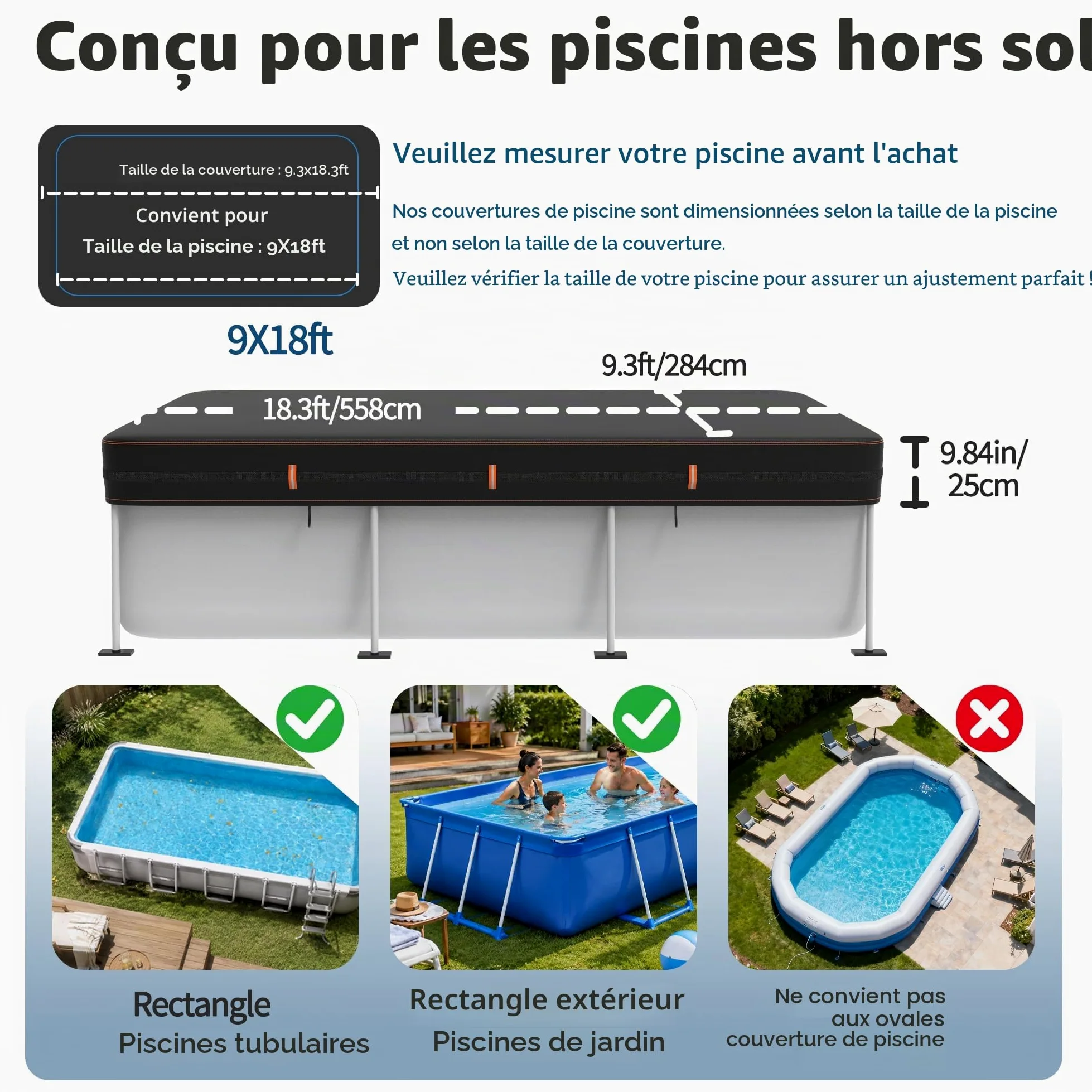BâChe Rectangulaire 420D pour Piscine Hors Sol, RéSistante Aux UV Et Aux DéChirures, Disponible en Plusieurs Tailles 284x558cm, Protection Coupe-Vent avec Bandes RéFléChissantes.