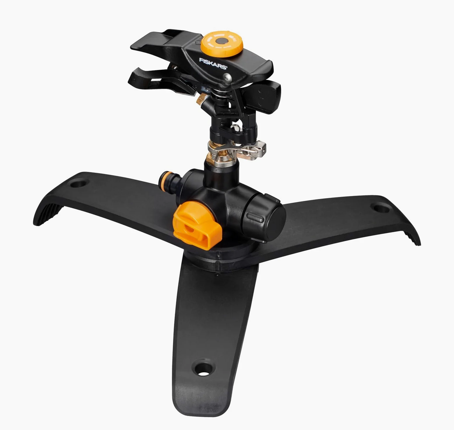 Fiskars Arroseur à Pulsations XL, Valve on/Off, avec contrôle du Schémé de Pulvérisation et contrôle de la Rotation, Taille Universelle, portée de Ø 26 m, 600 g, Noir/Orange, 1027050 | Taille universelle, portée de Ø 26 m, 600 g, noir/orange, 1027050
