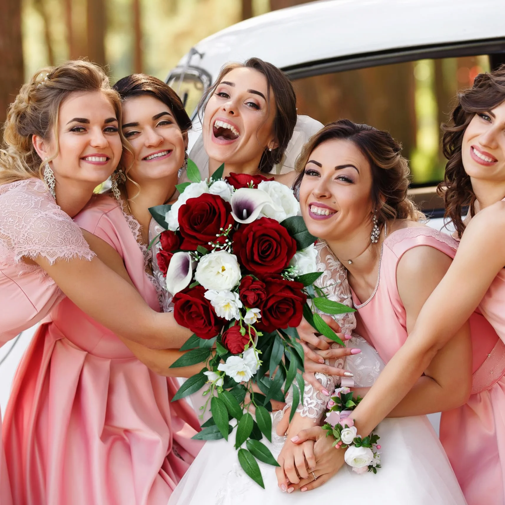 Bouquet de Mariage Lys Rouges et Rose Artificiel en Cascade