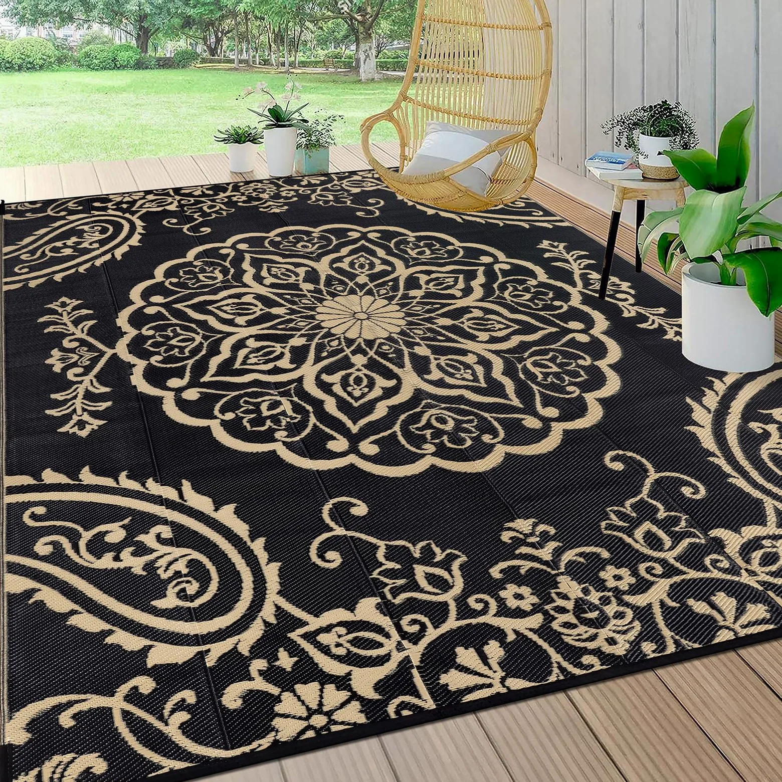 Pauwer Tapis d'extérieur imperméable 2,4 x 3 m – Tapis réversible en paille en plastique pour extérieur, camping, camping-car, pique-nique, jardin, terrasse, balcon, porche