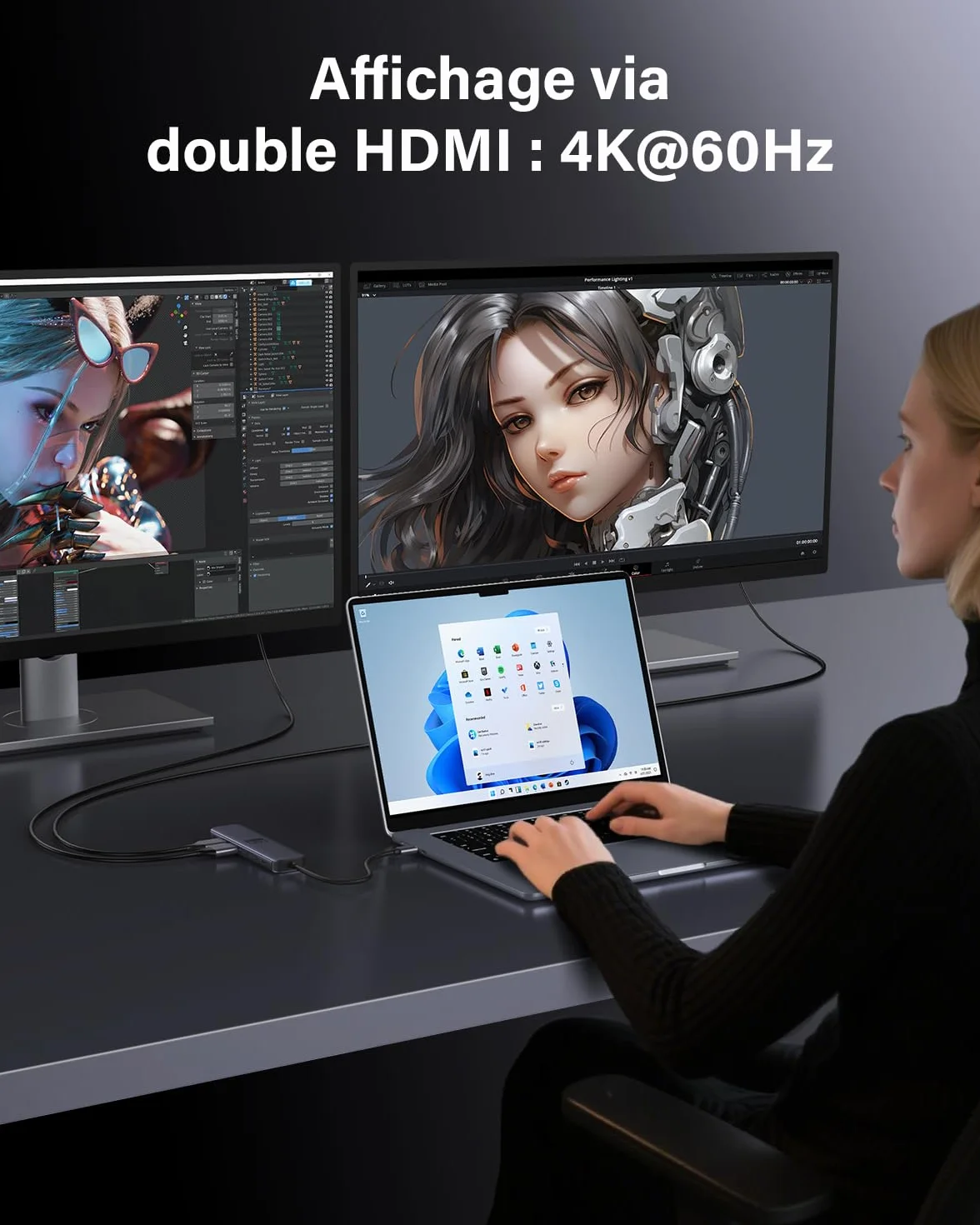 Newmight 7 en 1 Station d'accueil USB-C Double HDMI 4K60Hz 2 Ports HDMI 3 Ports USB 3.0 Charge PD 100W