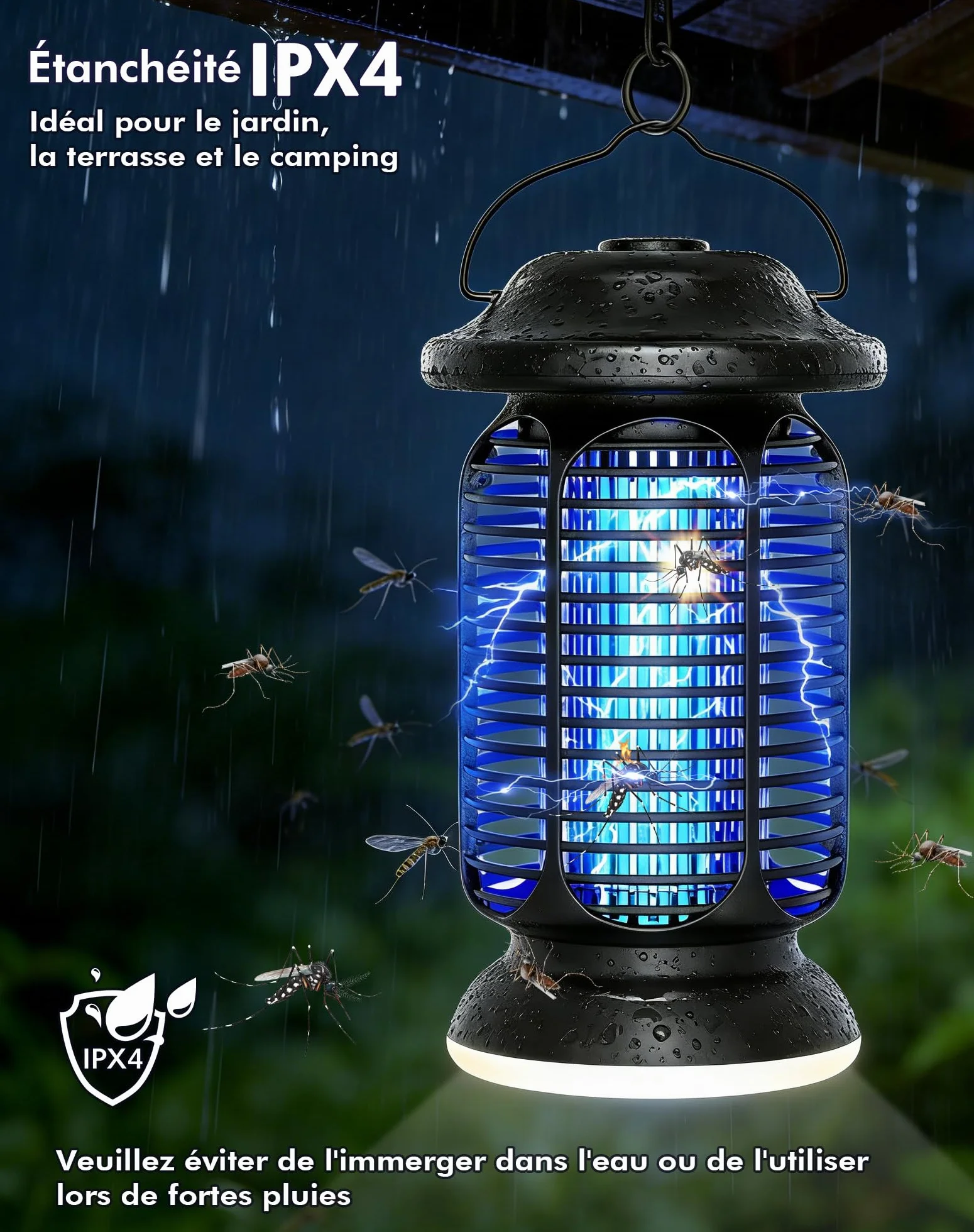 Lampe Anti Moustique 4000V Tue Mouche Électrique 20W UV IPX4 Étanche Piège à Insectes Extérieur Intérieur