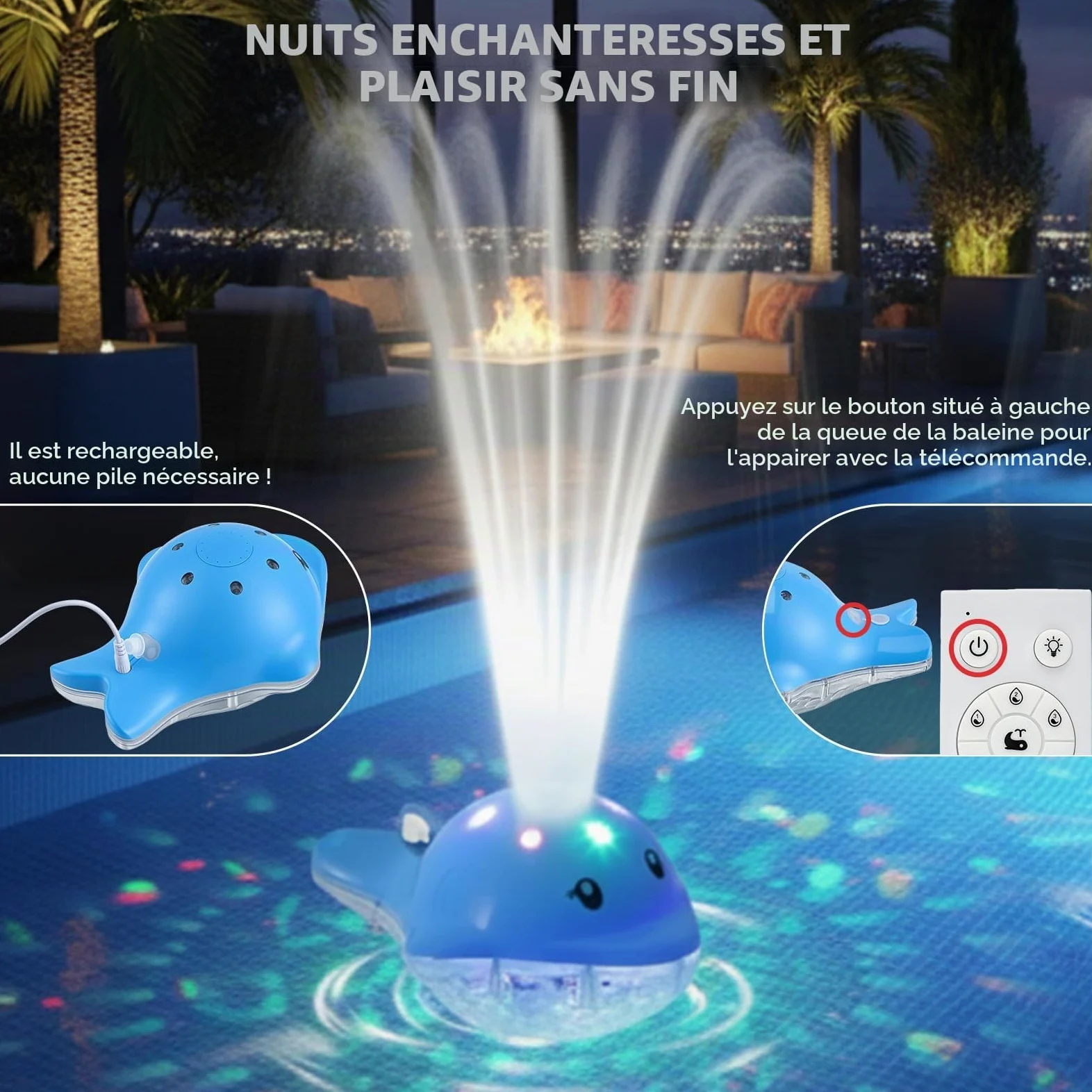 Fontaine pour Piscine avec Lumières, Éclairage Flottant avec Télécommande, 12 Modes Couleur, 2 Réglages Jet, Rechargeable – pour Bassins Hors Sol Et Enterrés