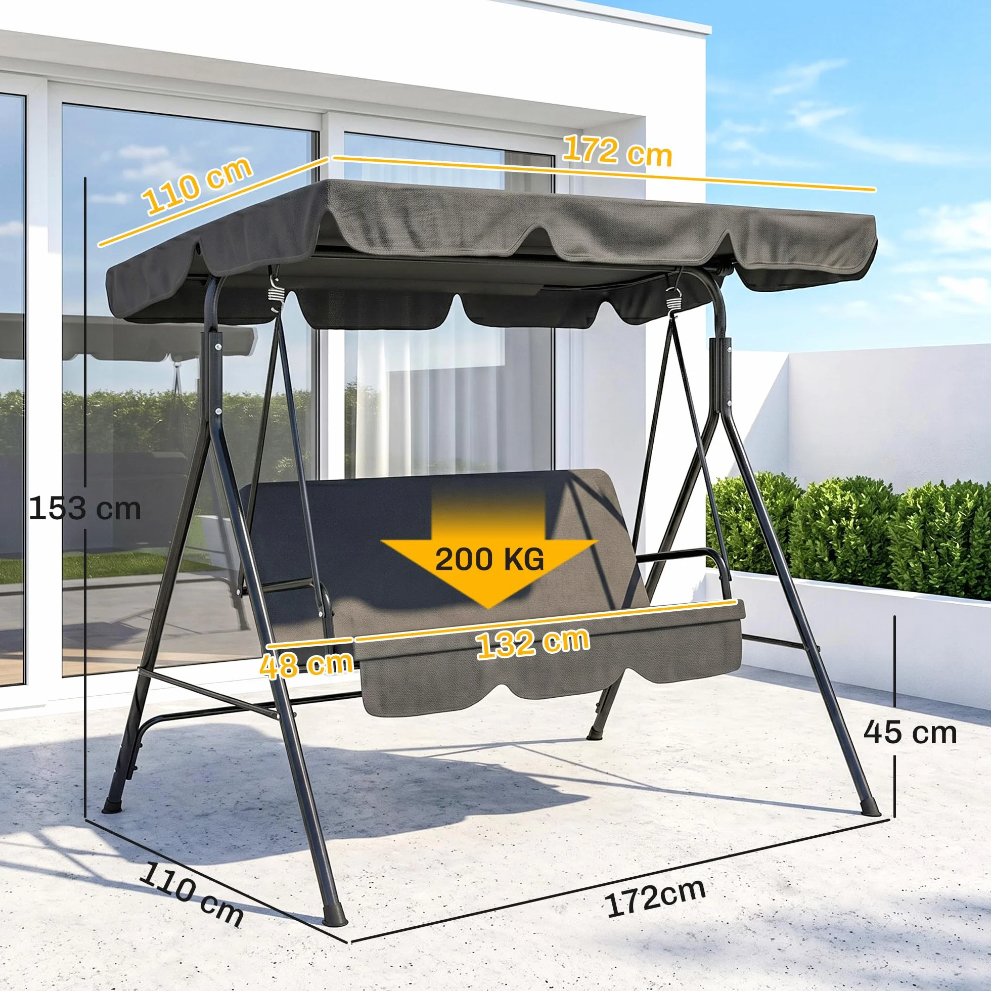 Outsunny Balancelle de Jardin 3 Places Toit Inclinaison réglable Acier Noir