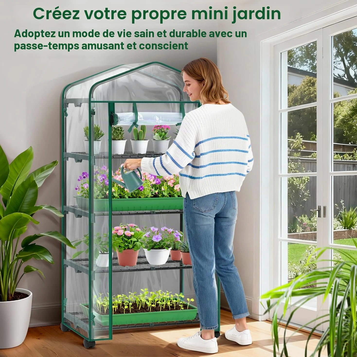 Ohuhu Petite Serre en Film Plastique de qualité supérieure avec Roues de Verrouillage - avec 4 étagères - Peu encombrante - pour Balcon et Jardin - 69 x 48 x 162 cm - Transparent