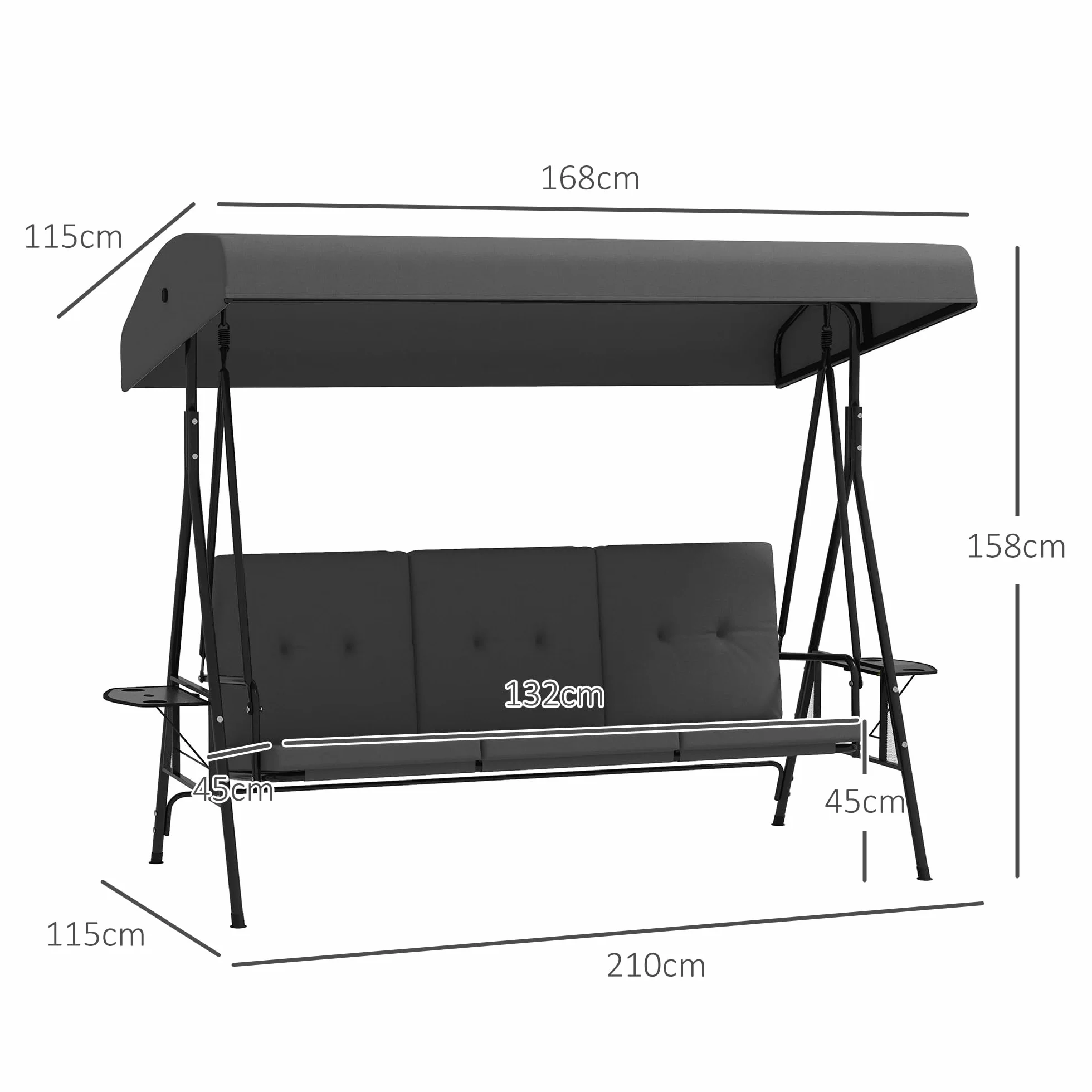 Outsunny Balancelle de Jardin 3 Places Grand Confort Toit réglable Acier Polyester Gris foncé