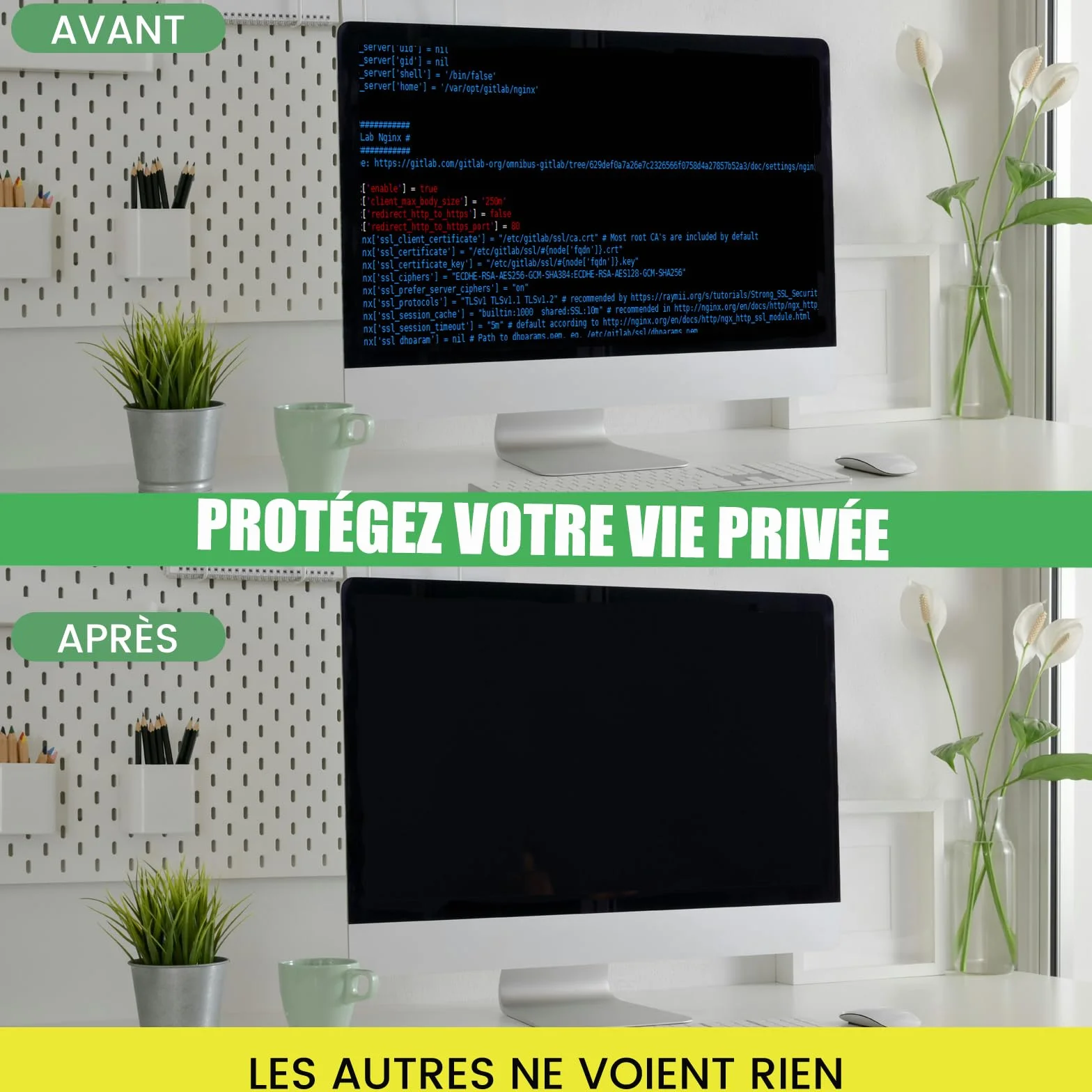 Filtre de Confidentialité 24 Pouces pour écran d'ordinateur – Protection anti-lumière bleue et anti-éblouissement – Moniteur 16:9 (53,1 x 29,9 cm)