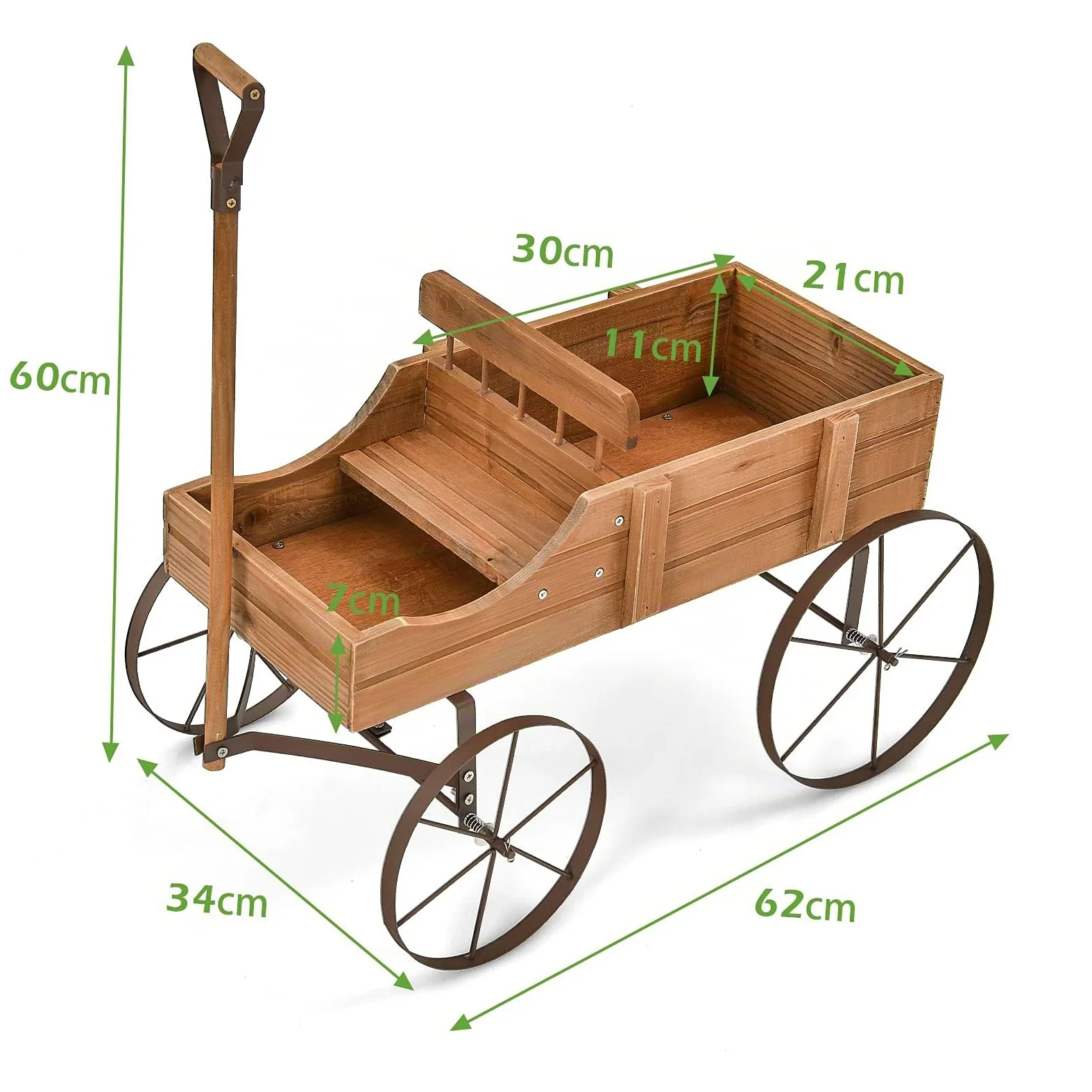 RELAX4LIFE Brouette Décorative en Bois avec 4 Roues en Métal, Chariot à Fleurs avec Capacité de Charge Jusqu'à 15 kg, Bac à Fleurs pour Jardin Balcon Terrasse (Marron)