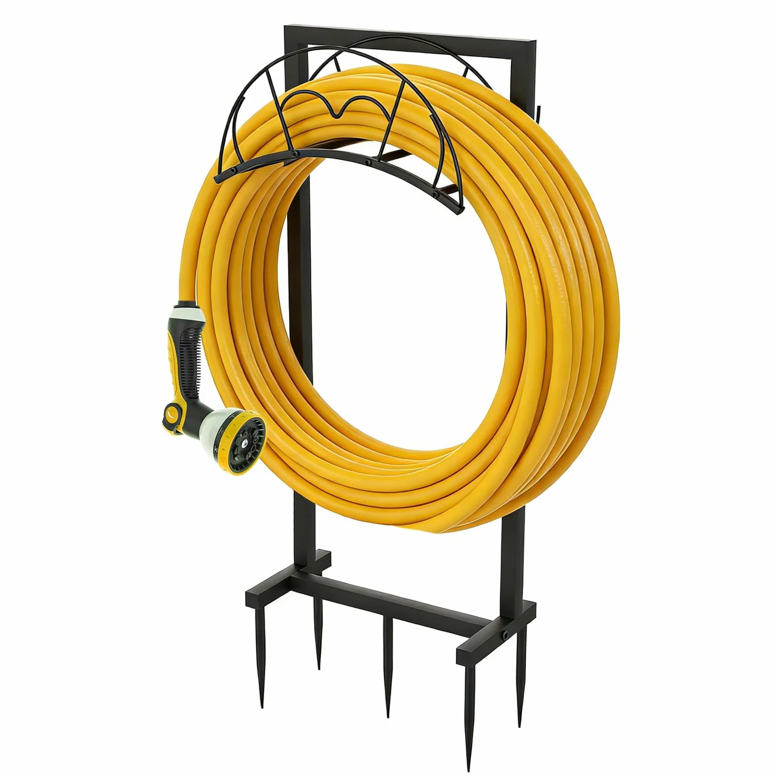 EFUTURETIME Support Tuyau Arrosage en Métal 105cm avec 5 Piquets, Noir | Autonome, Amovible, Robuste et Durable, Contient 50m, pour Cour, Pelouse, Extérieur