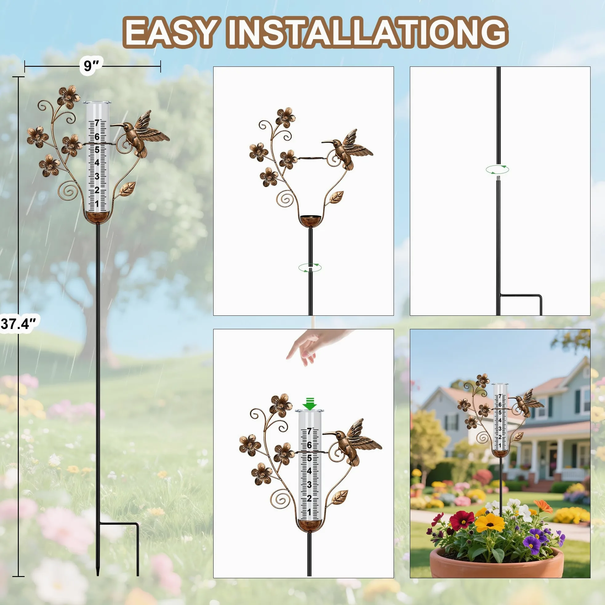 Pluviomètre d'extérieur – Grand colibri décoratif en forme de colibri en métal pour décoration de jardin et cour - 88,9 cm
