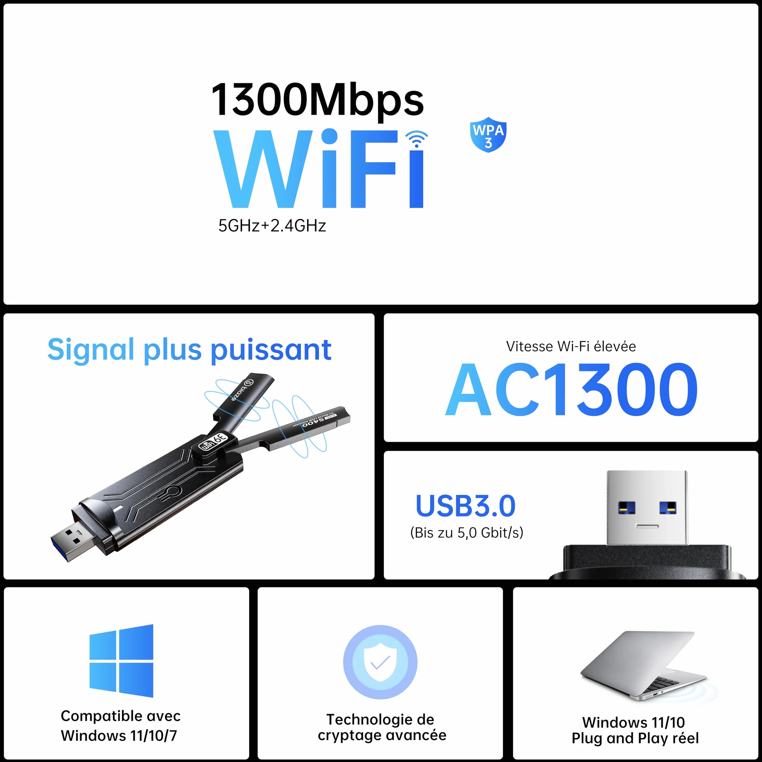 Adaptateur WiFi 6E sans fil 5400 Mbit/s USB 3.0 double bande pour PC ordinateur portable carte réseau Plug and Play antenne externe