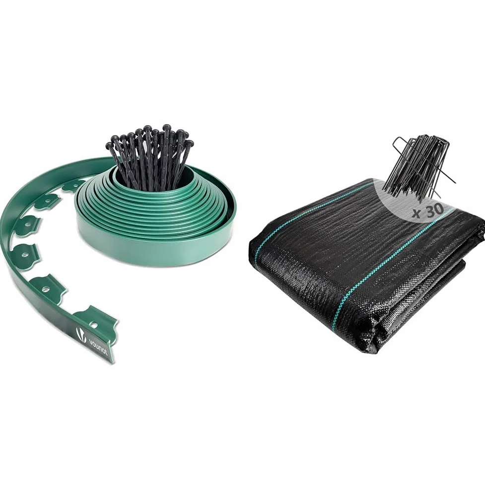 VOUNOT Bordure de Jardin en Plastique 10 mètres avec 30 Piquets d'ancrage Bordurette de Pelouse & Toile de Paillage avec 30pcs de Piquets Contre Les Mauvais Herbes 10Mx2M